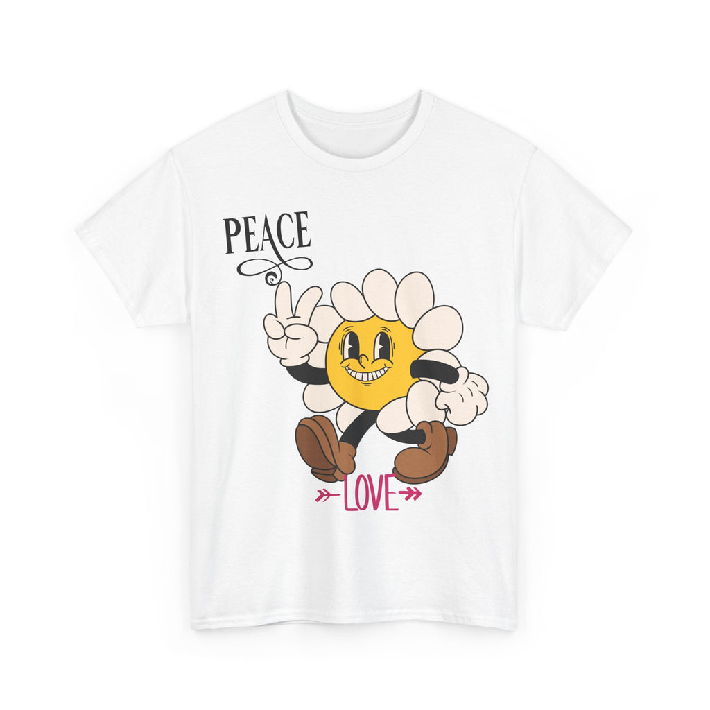 Peace & Love Daisy Character T-Shirt — Retro Smiley Flower Tee