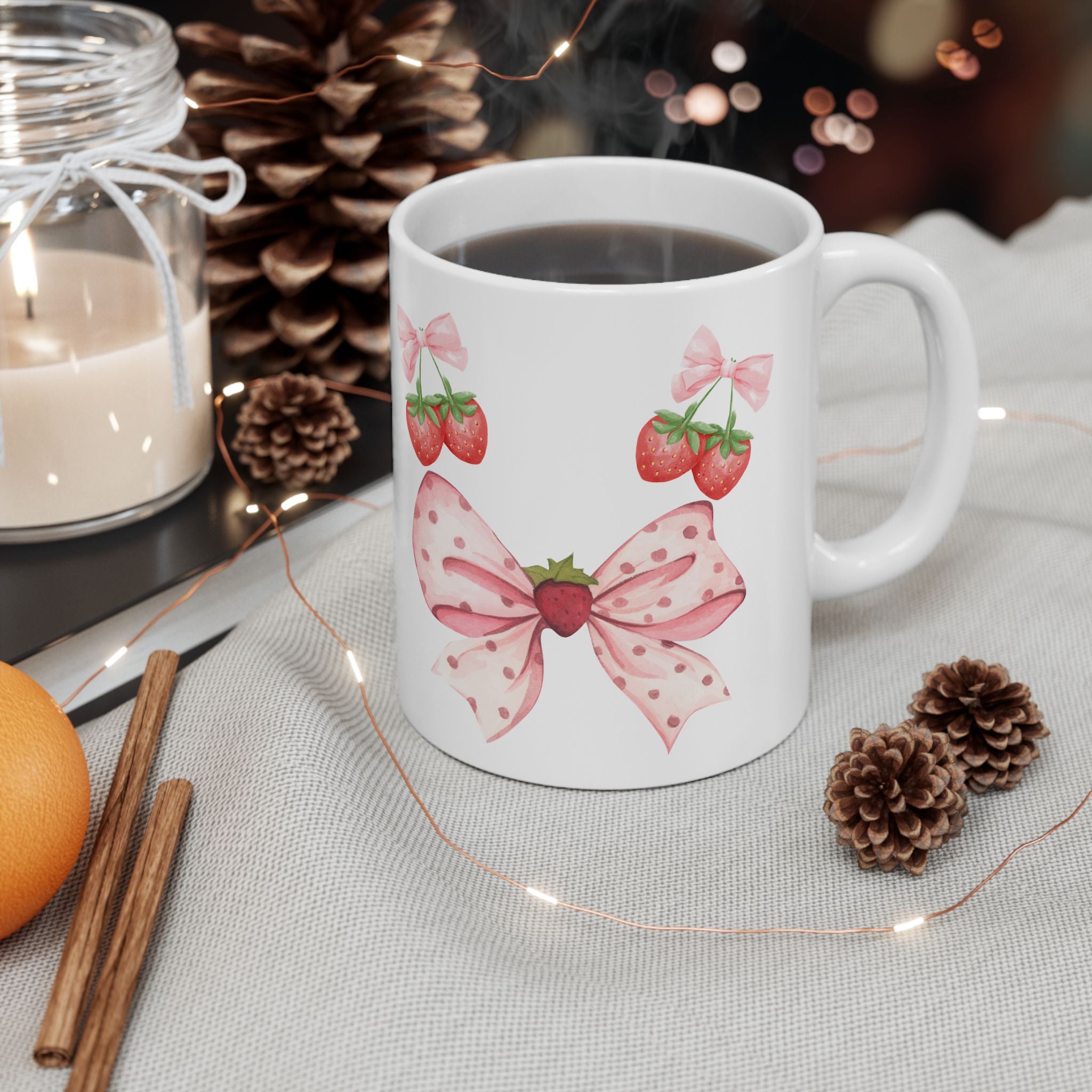 Strawberry Bow Ceramic Mug | Cute Gift, Kitchen Decor, Coffee Mug, Tea Lover's Gift, Spring Gift