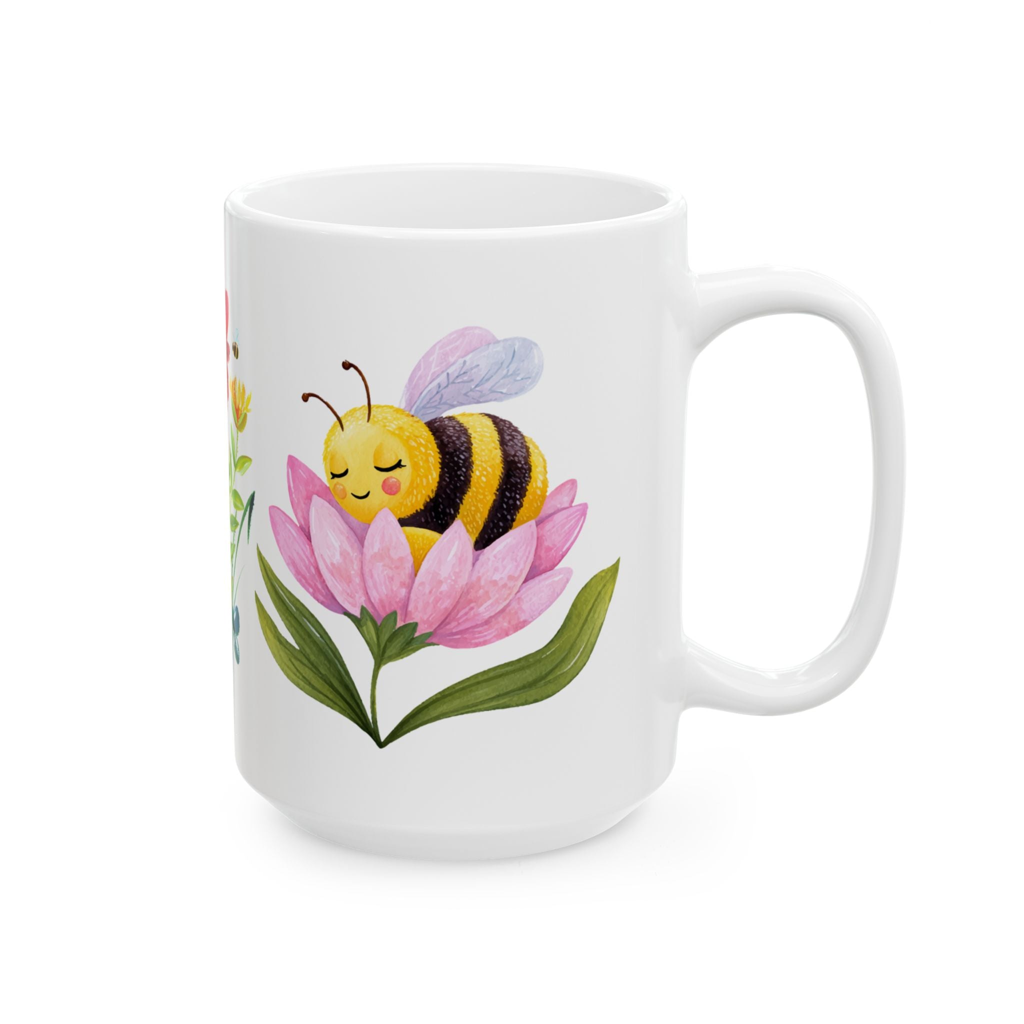 Floral Bee Ceramic Mug — Watercolor Wildflower Coffee Cup (11oz & 15oz)