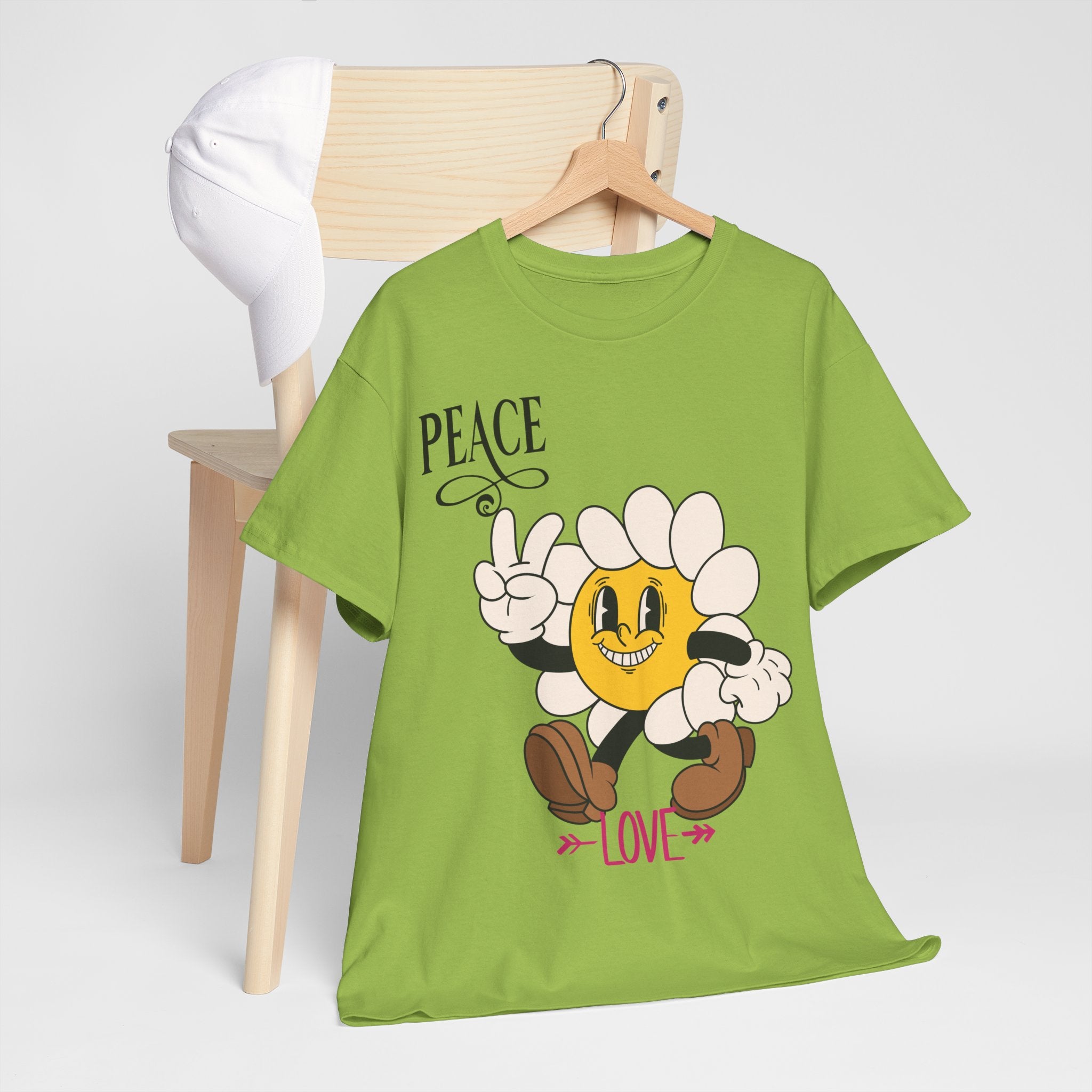 Peace & Love Daisy Character T-Shirt — Retro Smiley Flower Tee