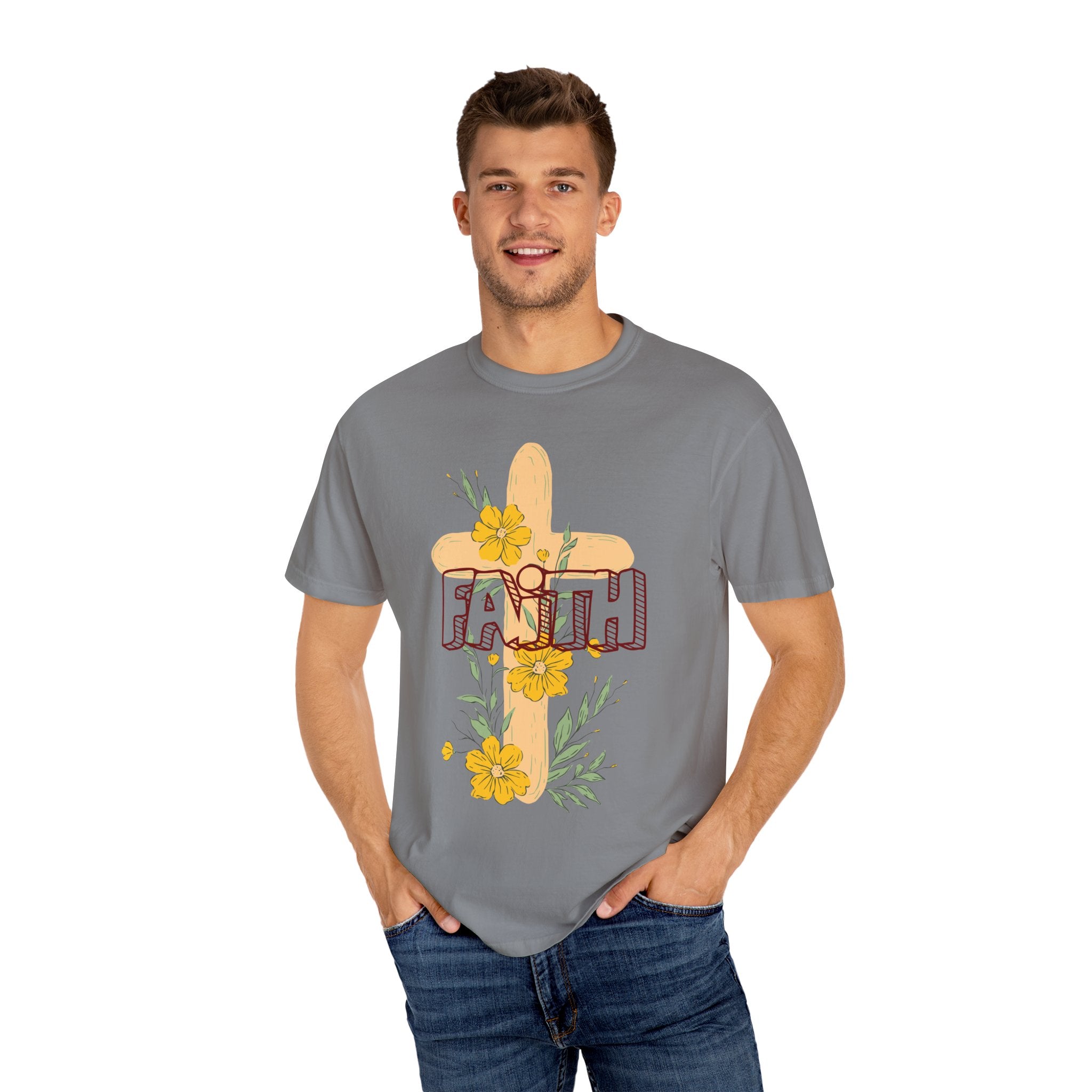 Faith Cross Floral T-Shirt — Christian Inspirational Tee with Yellow Flowers