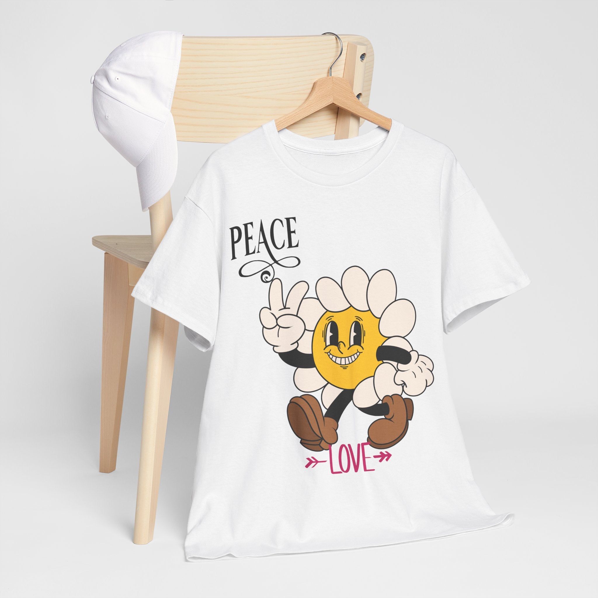 Peace & Love Daisy Character T-Shirt — Retro Smiley Flower Tee