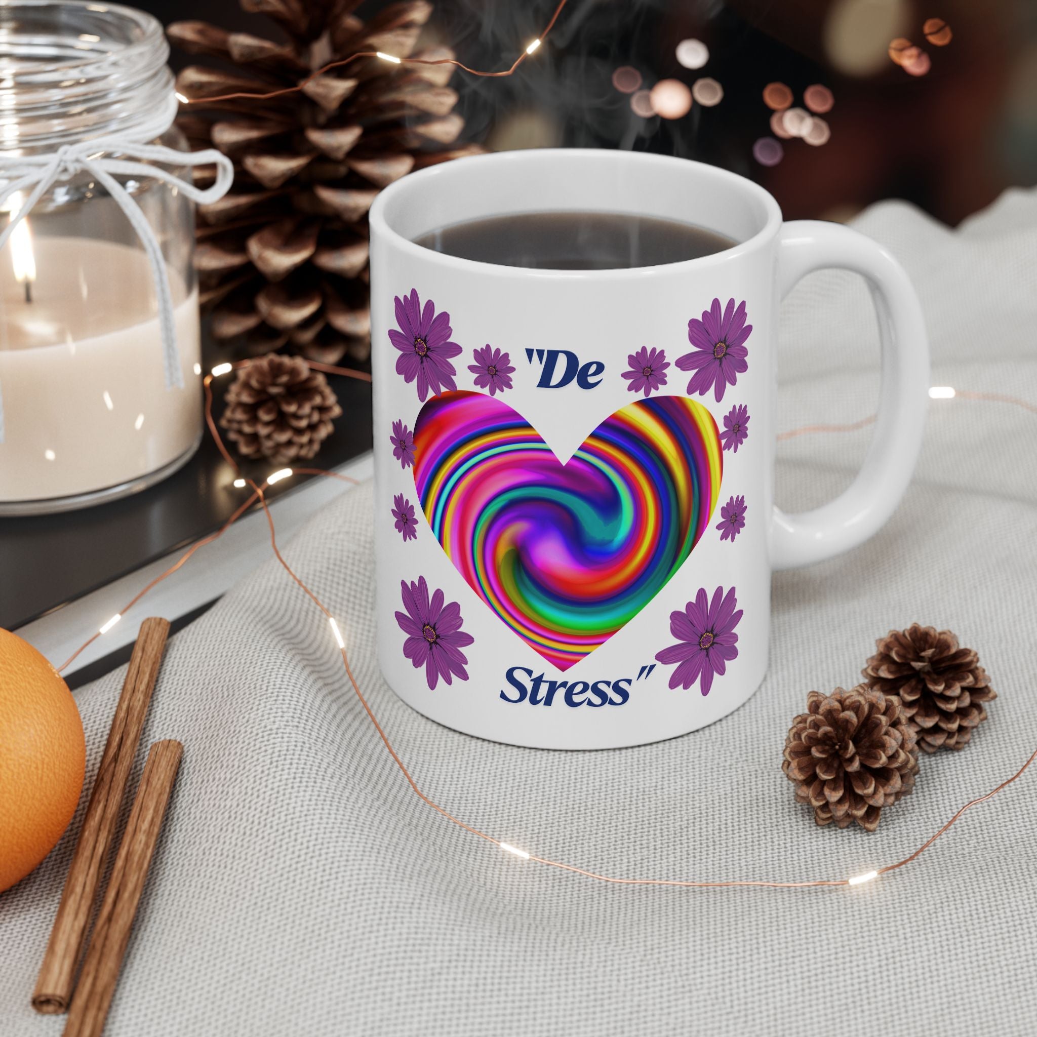 Whimsical Floral Heart Mug - Colorful Rainbow Design, Perfect for Gift, Home Office, Coffee Lovers, Tea Enthusiasts