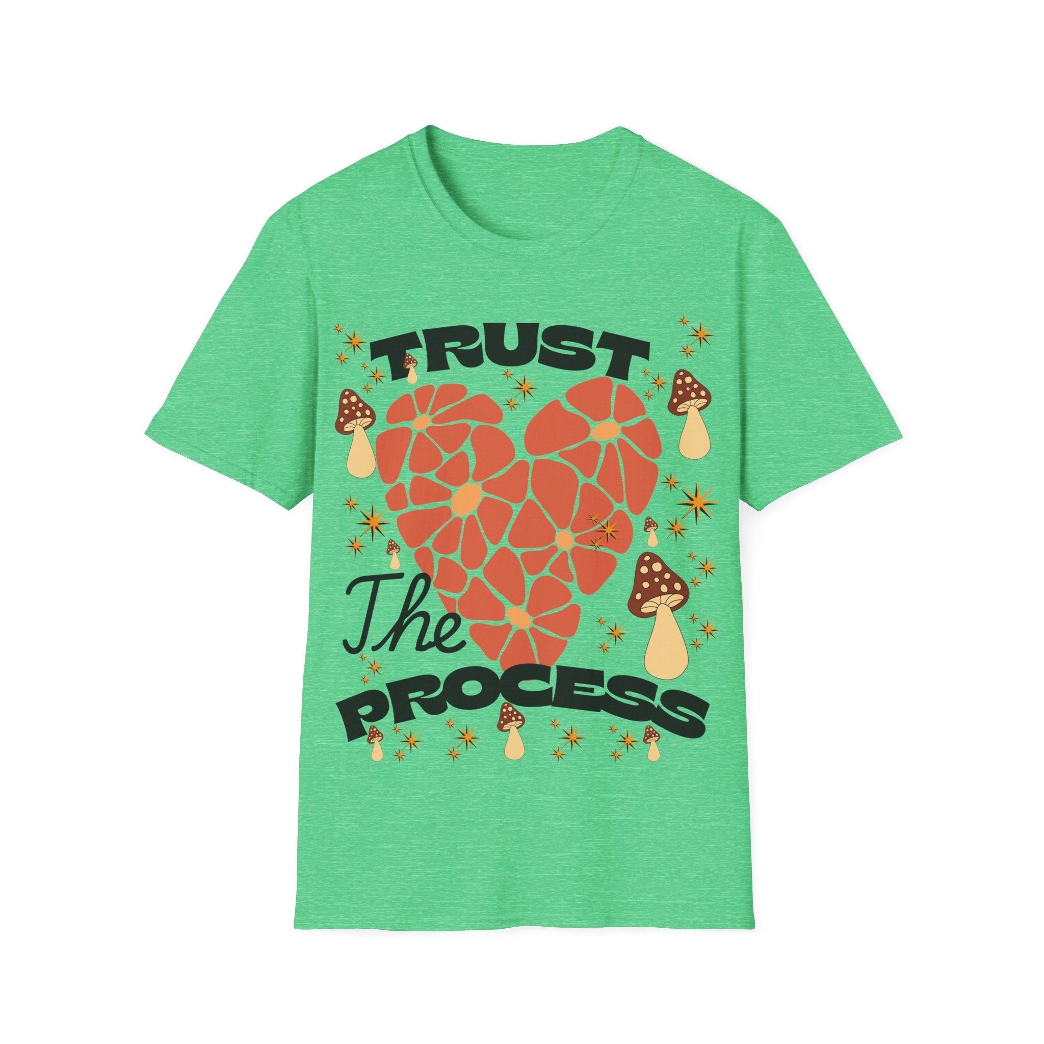 Trust The Process Heart T-Shirt — Positive Motivation Tee with Mushroom & Mosaic Heart Design