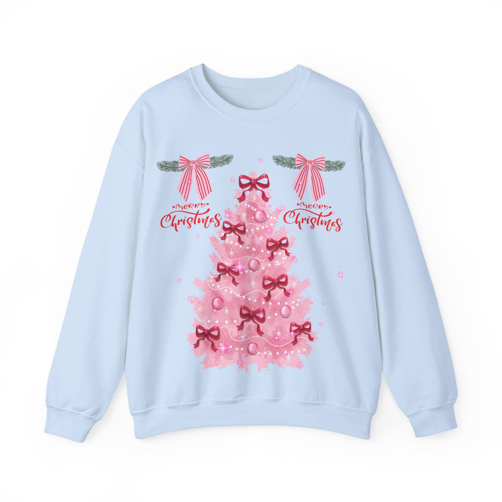 Pink Christmas Tree Sweatshirt — 'Merry Christmas' Bow Holiday Crewneck