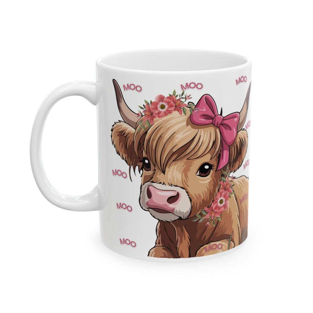 Highland Cow Ceramic Mug (11oz/15oz) — Cute Floral ‘Moo’ Cow Coffee Cup