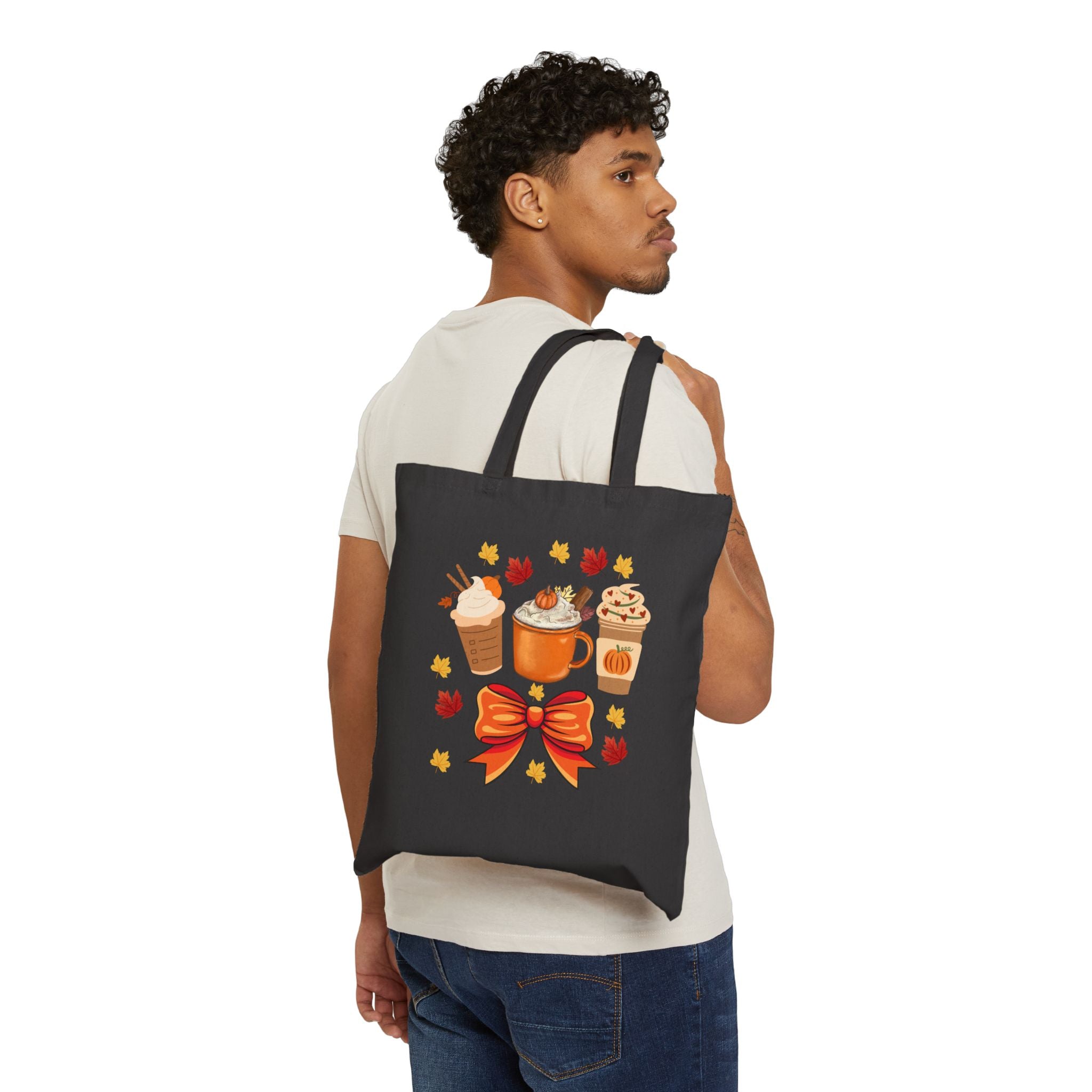 Autumn-Themed Cotton Canvas Tote Bag - Fall Vibes, Perfect for Shopping, Eco-Friendly, Gift for Coffee Lovers, Thanksgiving Décor