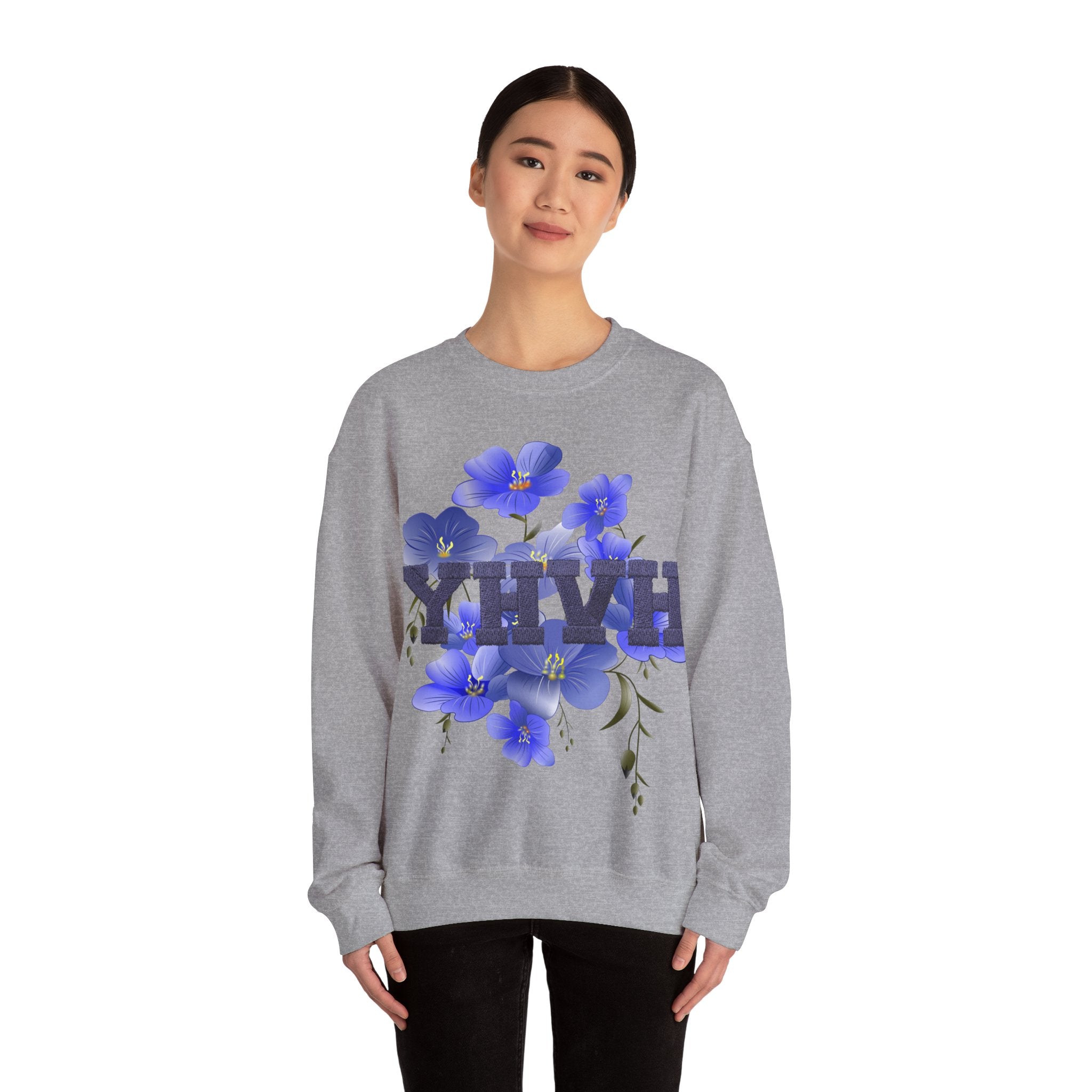 Crewneck Sweatshirt - Blue Violet Floral Graphic with 'KHVH' Lettering