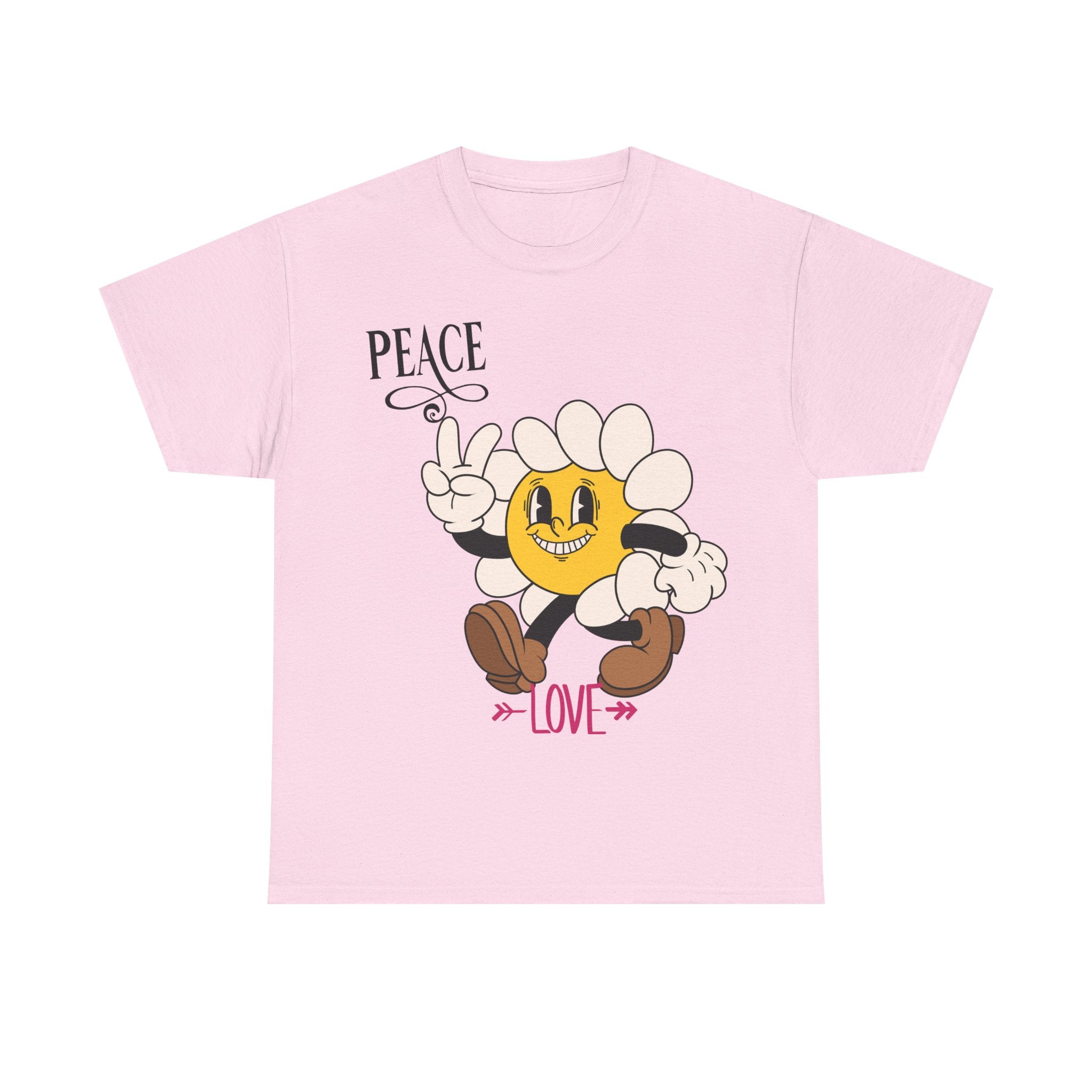 Peace & Love Daisy Character T-Shirt — Retro Smiley Flower Tee