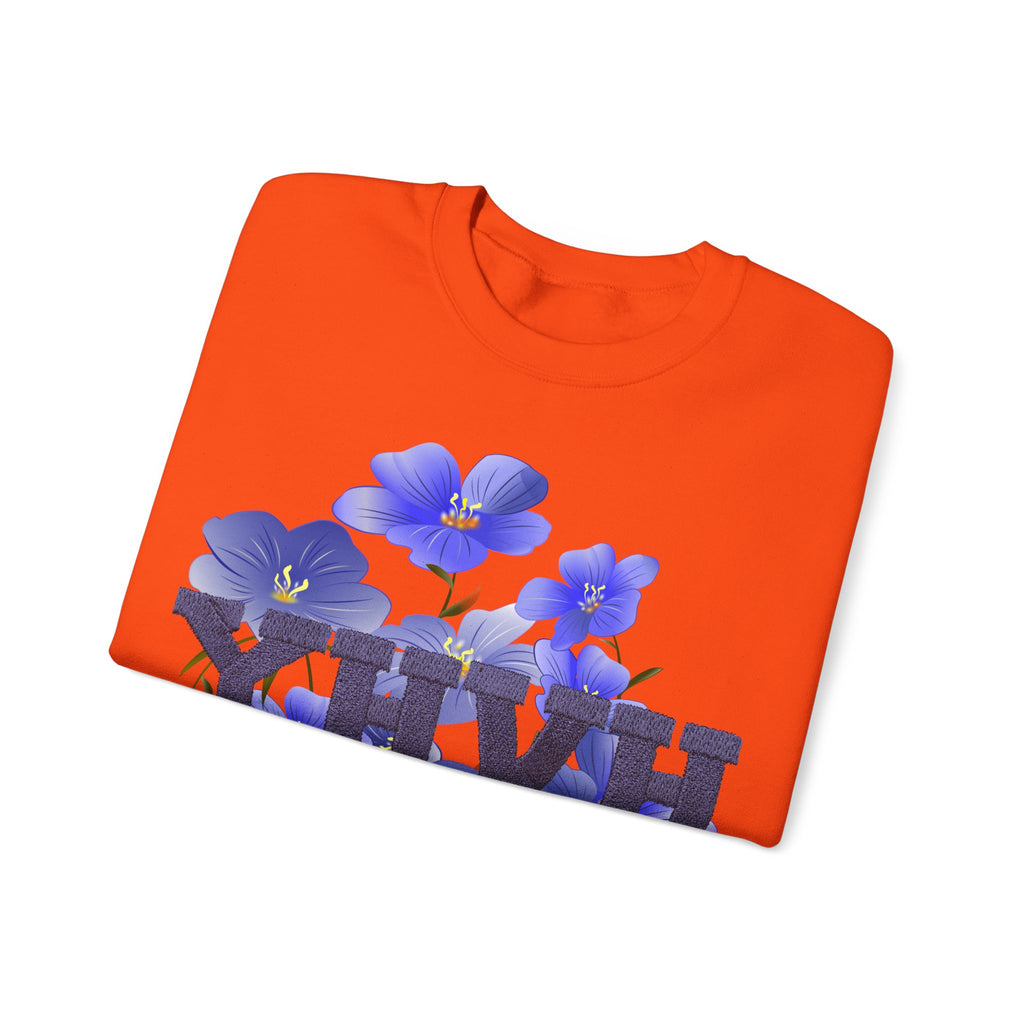 Crewneck Sweatshirt - Blue Violet Floral Graphic with 'KHVH' Lettering
