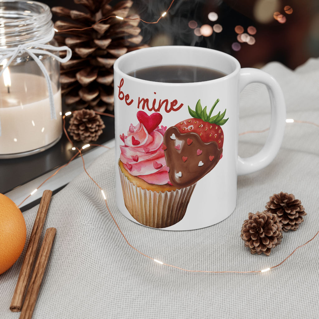 Valentine’s Dessert Mug – 'Be My Sweet' Chocolate-Covered Strawberry & Cupcake Ceramic Coffee Mug