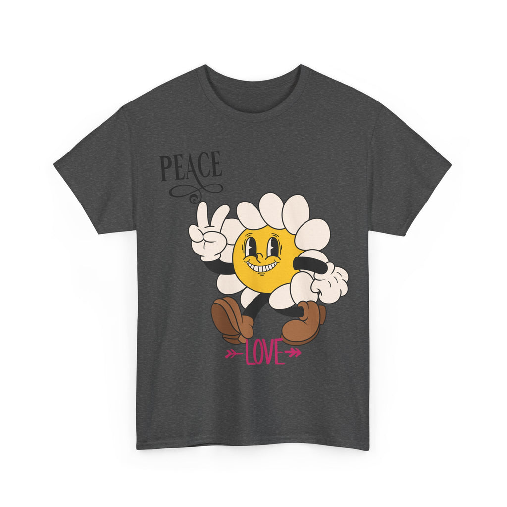 Peace & Love Daisy Character T-Shirt — Retro Smiley Flower Tee