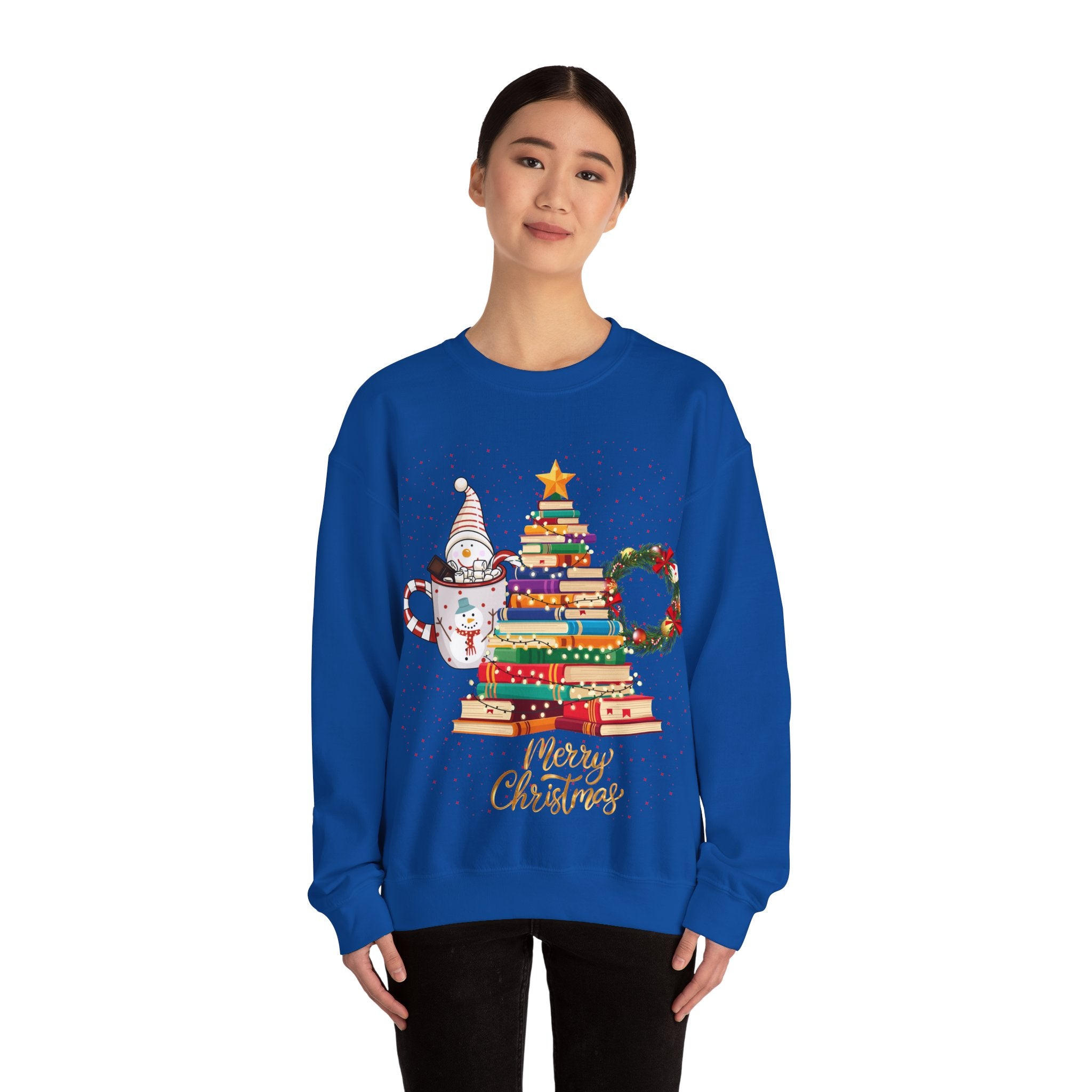 Merry Christmas Book Tree & Cat Crewneck Sweatshirt