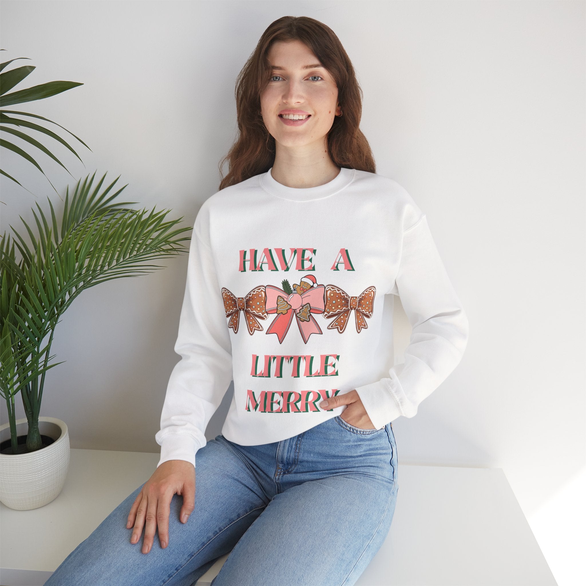 Have a Little Merry Crewneck Sweatshirt — Pink Holiday Bow Christmas Sweater