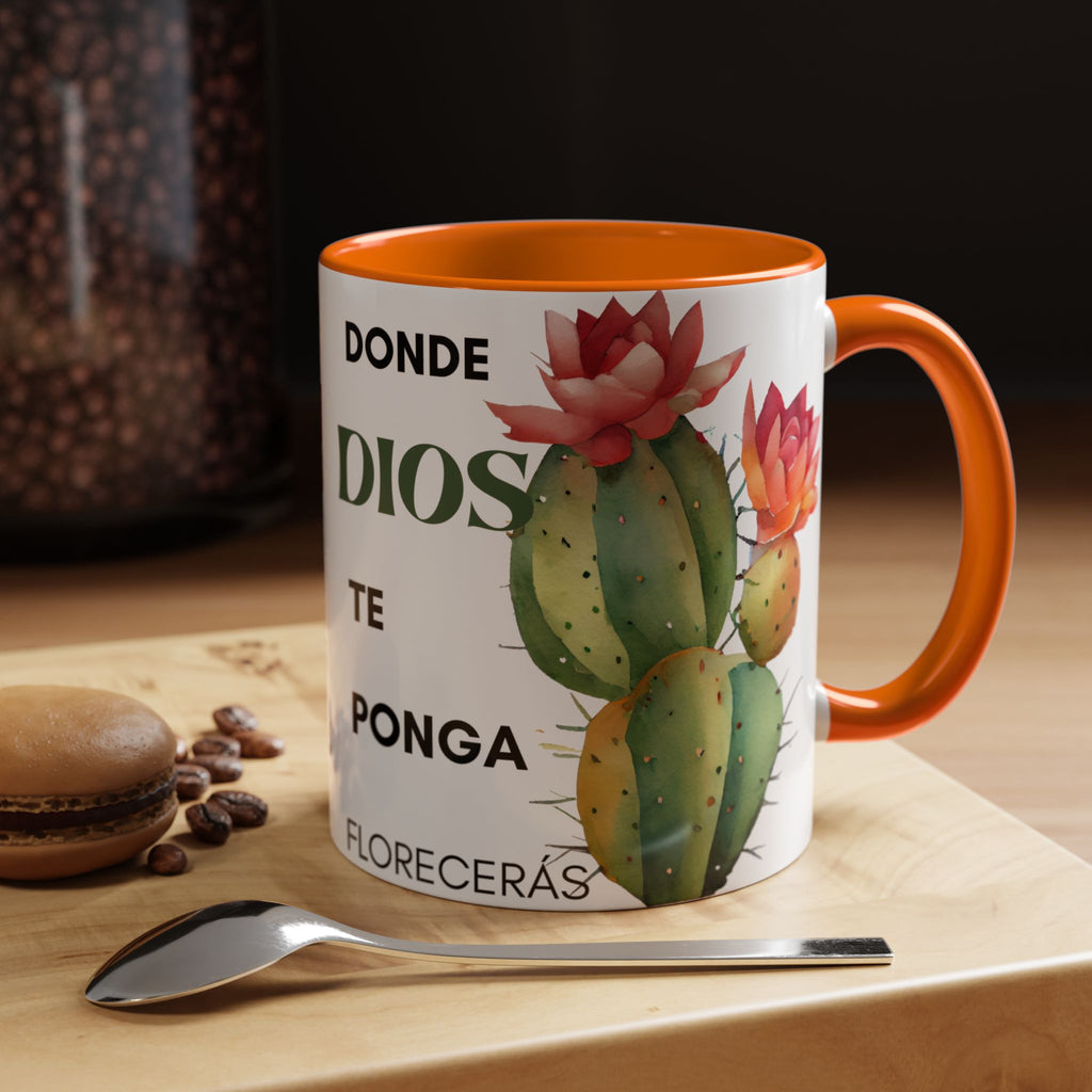 Cactus Floral Accent Coffee Mug – ‘Donde Dios Te Ponga Florecerás’ Spanish Inspirational Mug