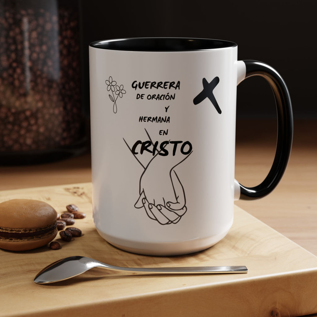 Christian Prayer Warrior Mug — "Guerrera de Oración y Hermana en Cristo" Accent Coffee Cup (11/15oz)