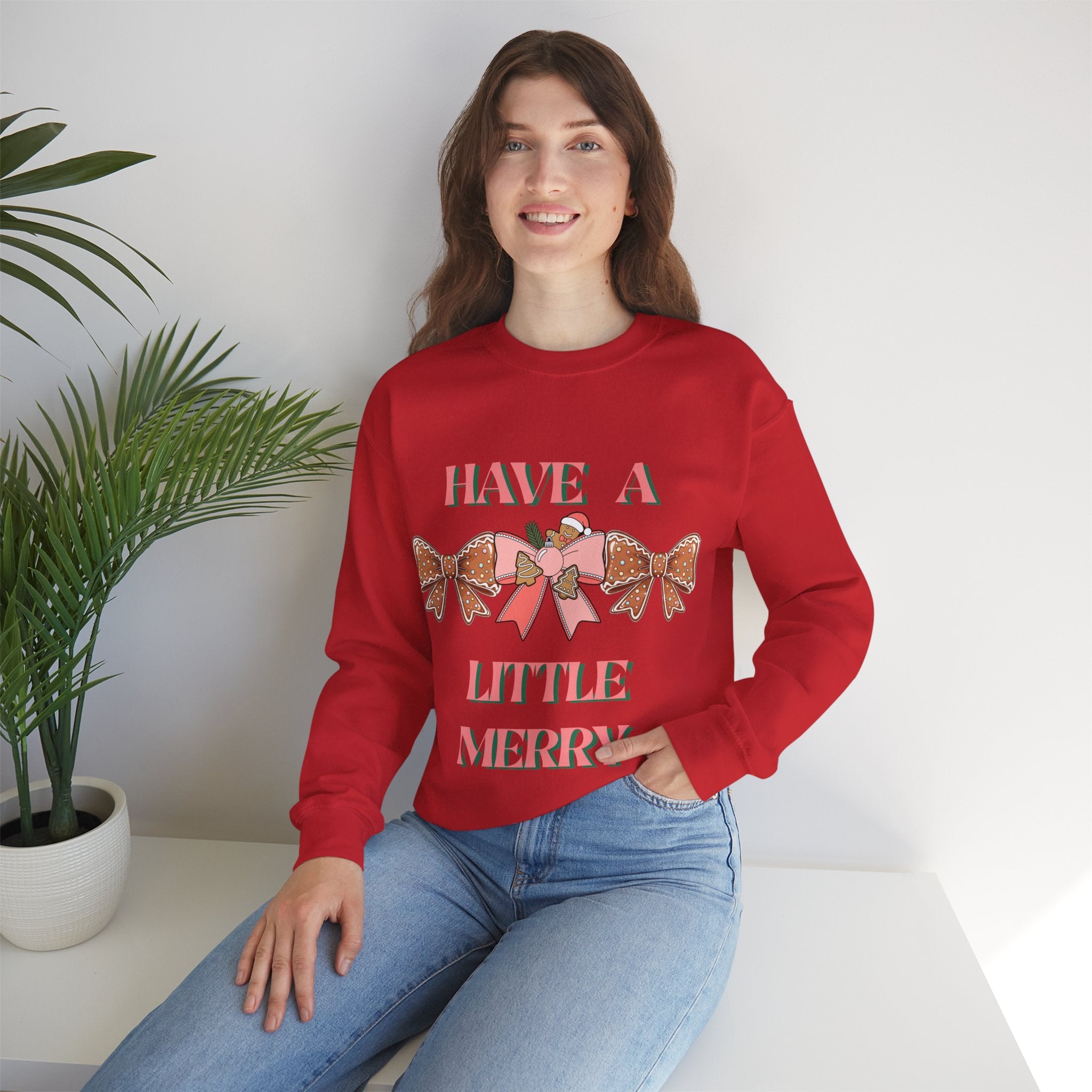 Have a Little Merry Crewneck Sweatshirt — Pink Holiday Bow Christmas Sweater