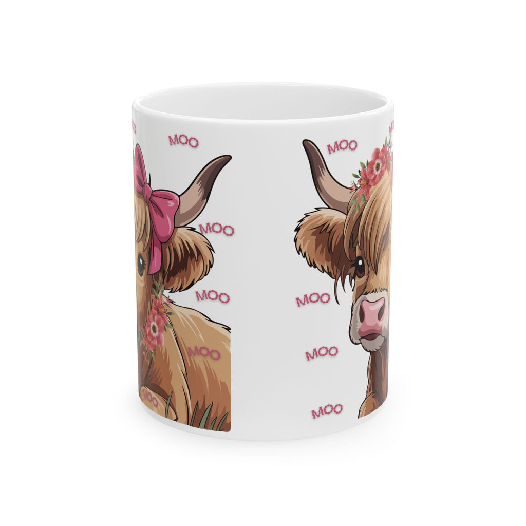 Highland Cow Ceramic Mug (11oz/15oz) — Cute Floral ‘Moo’ Cow Coffee Cup