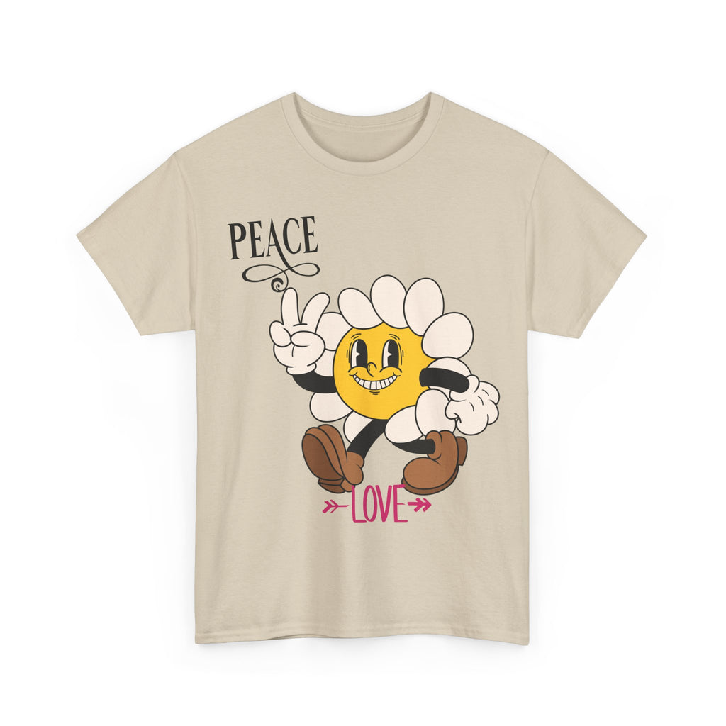 Peace & Love Daisy Character T-Shirt — Retro Smiley Flower Tee