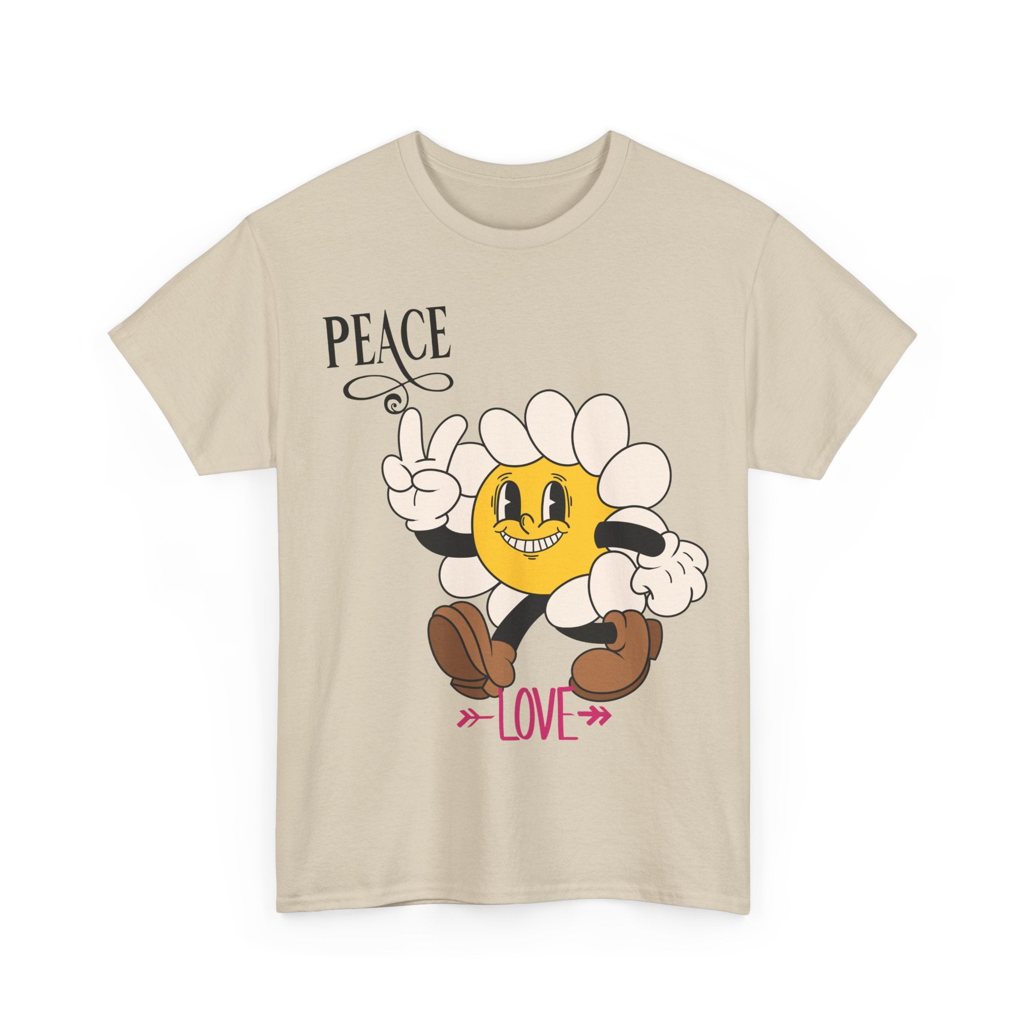 Peace & Love Daisy Character T-Shirt — Retro Smiley Flower Tee