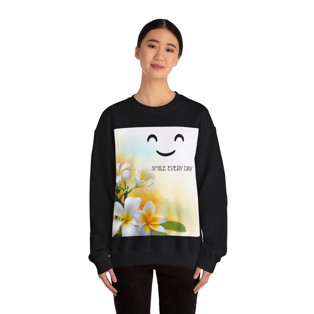 Smile Every Day Crewneck Sweatshirt — Floral Plumeria Happy Face Graphic
