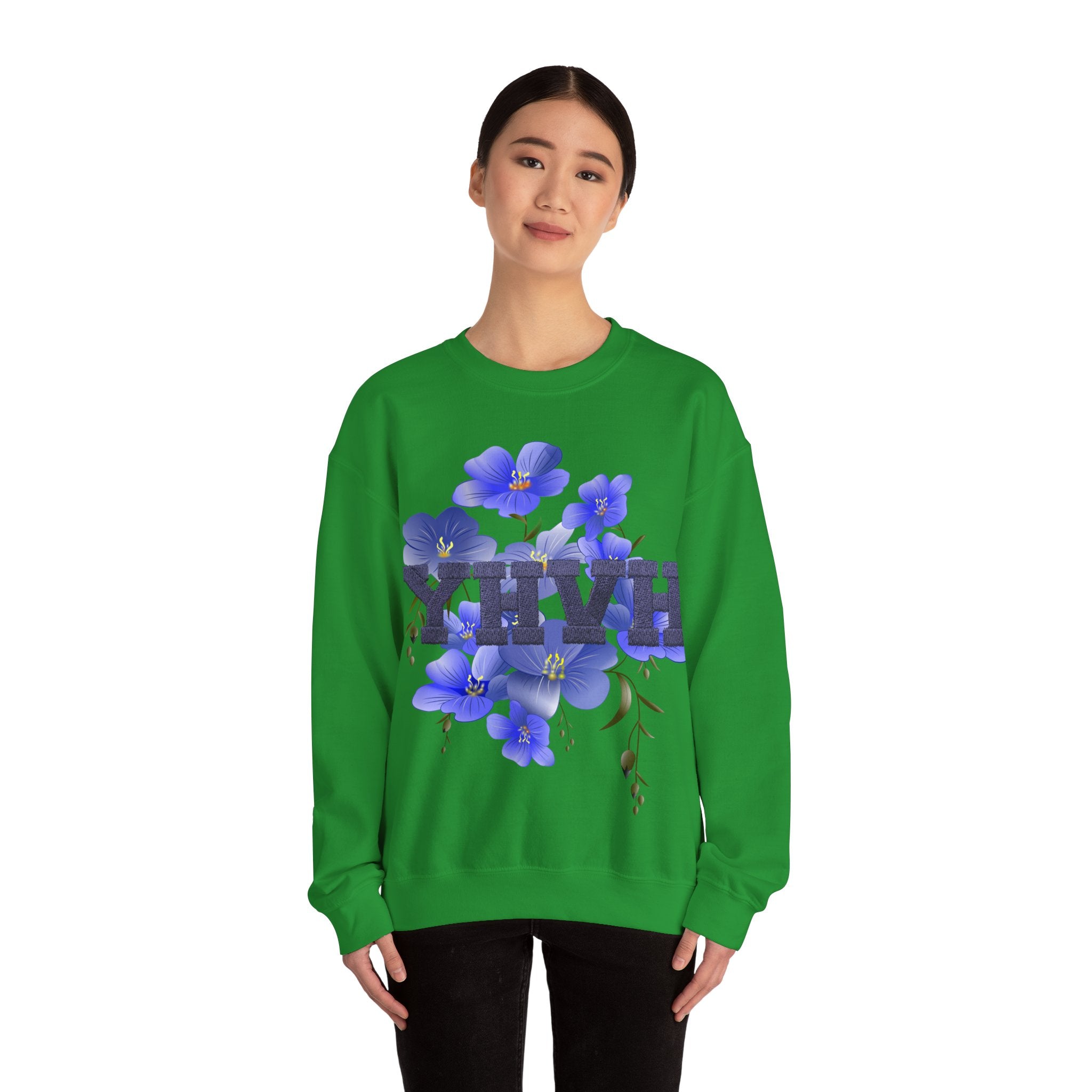 Crewneck Sweatshirt - Blue Violet Floral Graphic with 'KHVH' Lettering