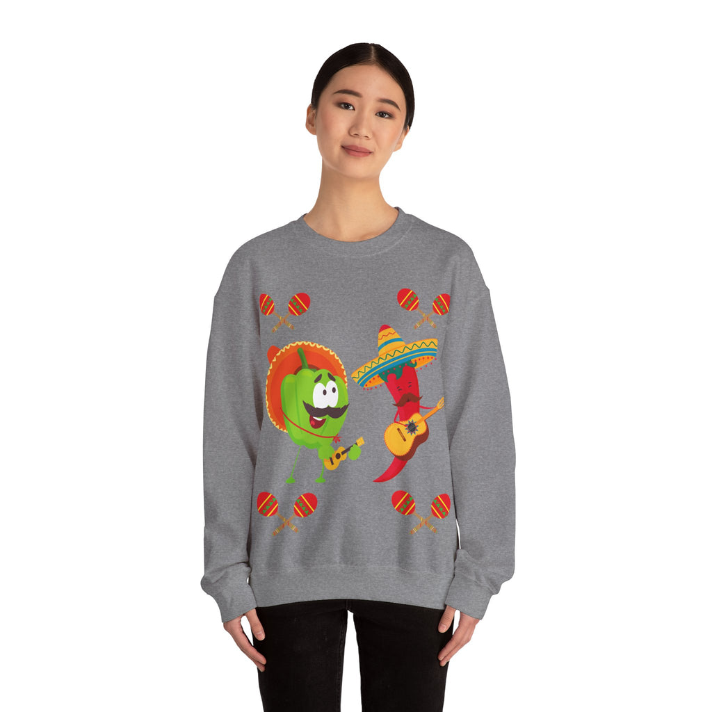 Fiesta Friends Sweatshirt — Cute Chili & Avocado with Sombreros, Maracas & Guitar