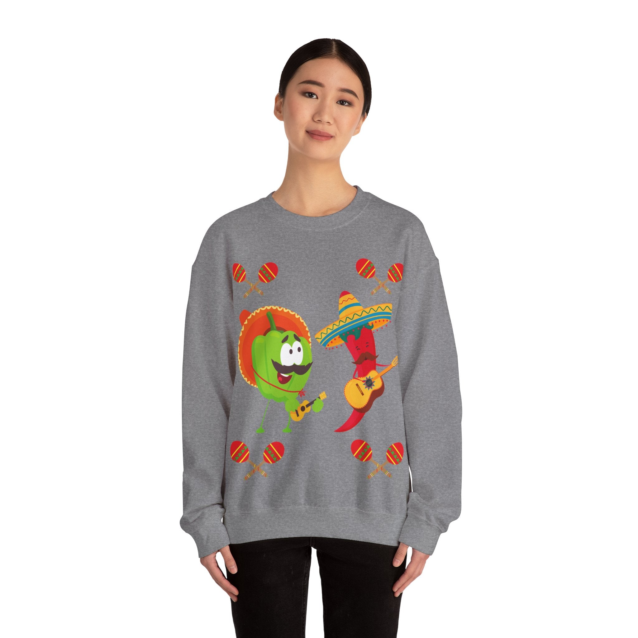 Fiesta Friends Sweatshirt — Cute Chili & Avocado with Sombreros, Maracas & Guitar