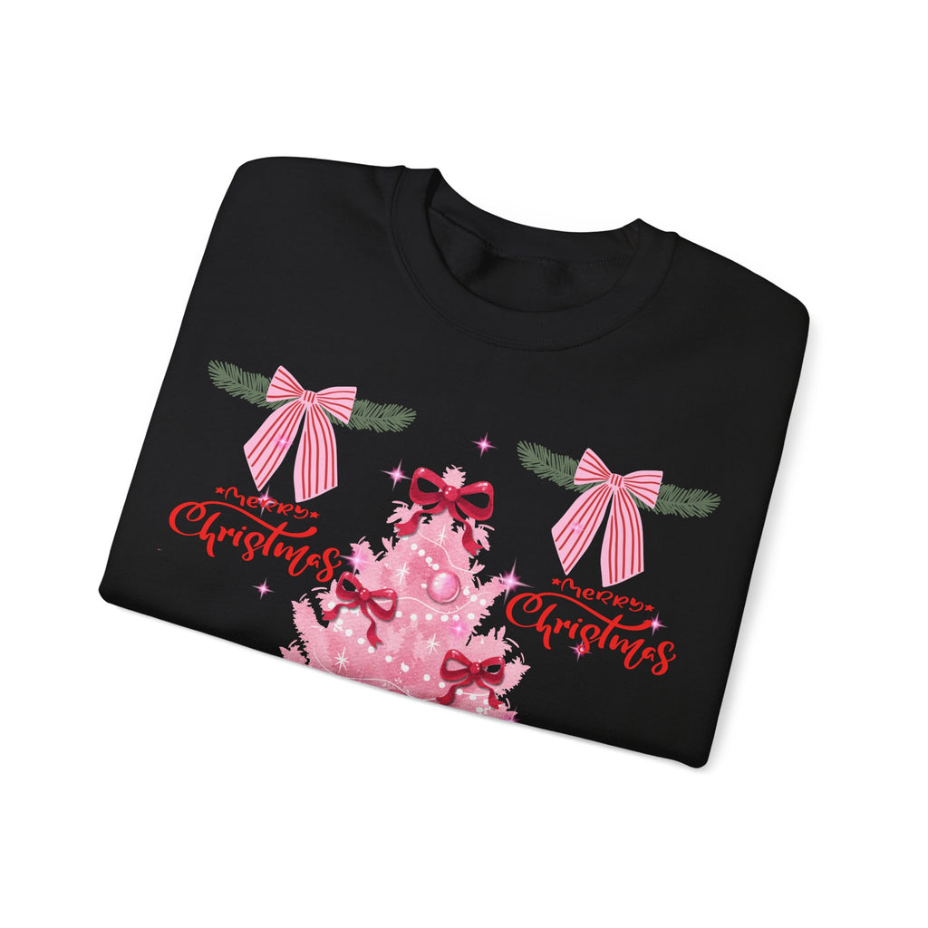 Pink Christmas Tree Sweatshirt — 'Merry Christmas' Bow Holiday Crewneck
