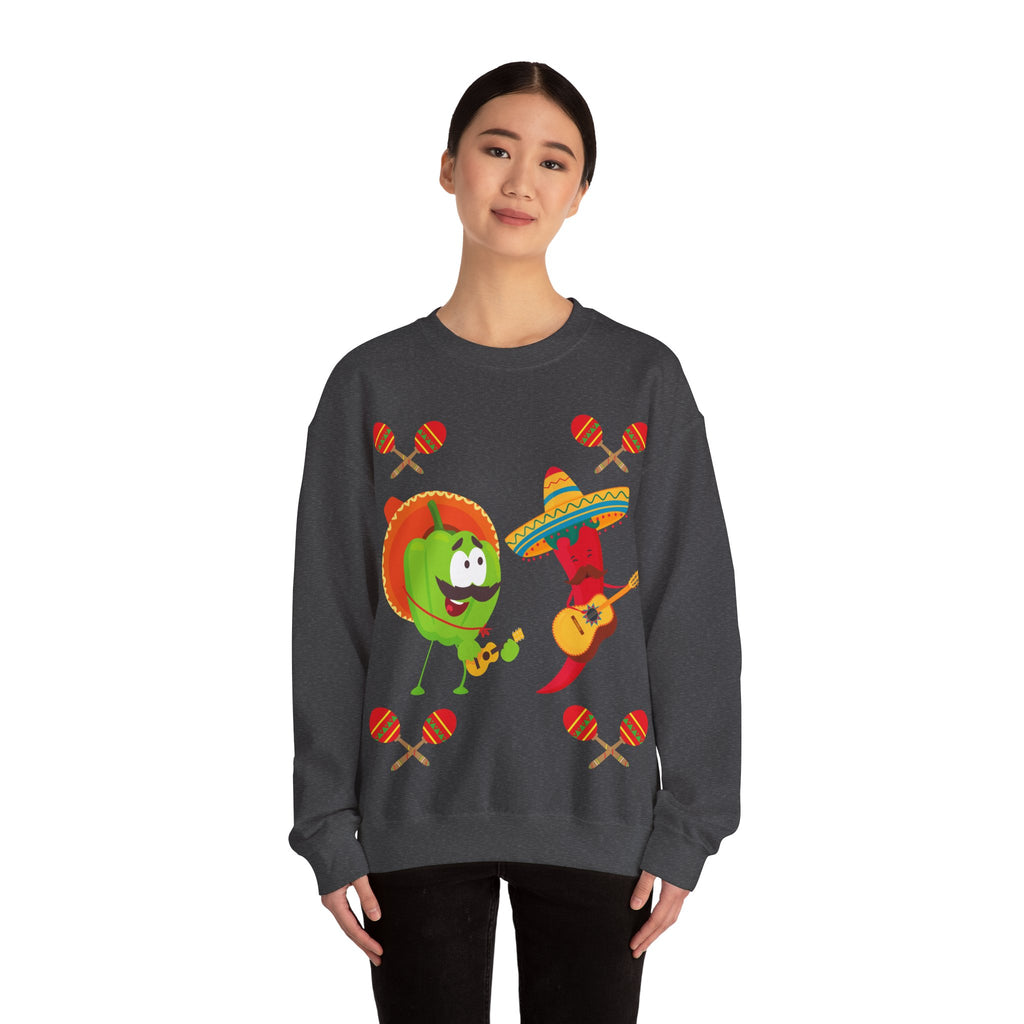 Fiesta Friends Sweatshirt — Cute Chili & Avocado with Sombreros, Maracas & Guitar