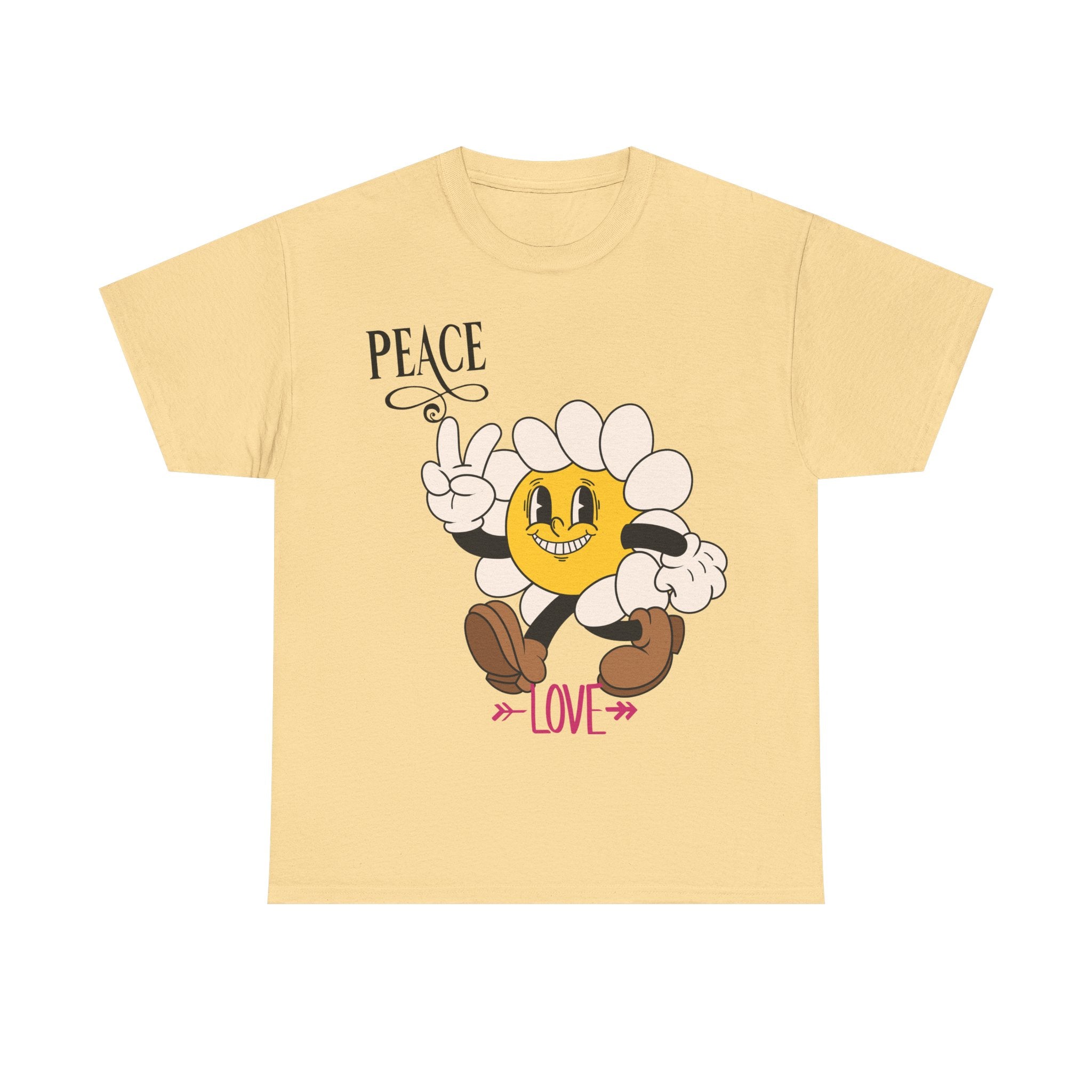 Peace & Love Daisy Character T-Shirt — Retro Smiley Flower Tee