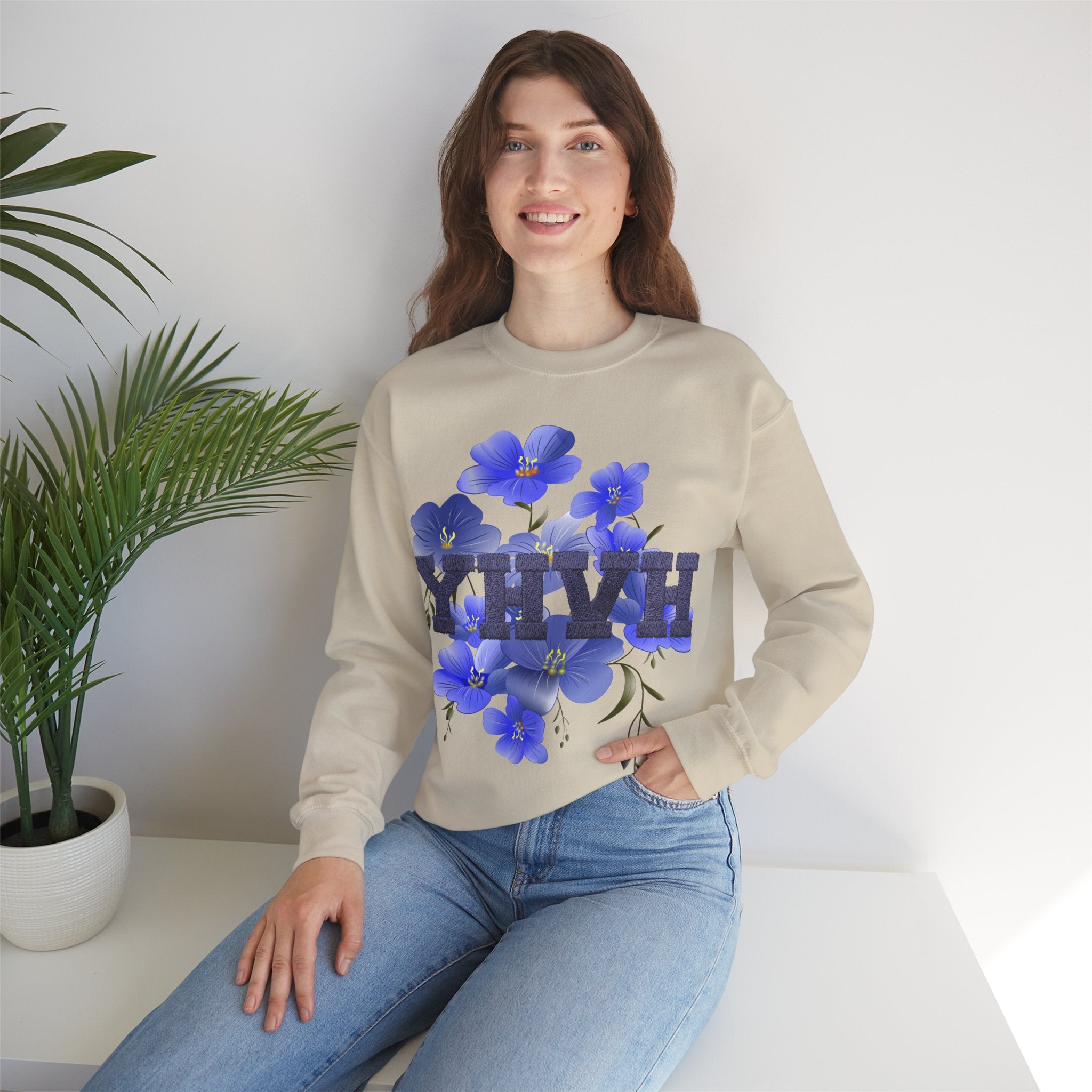 Crewneck Sweatshirt - Blue Violet Floral Graphic with 'KHVH' Lettering