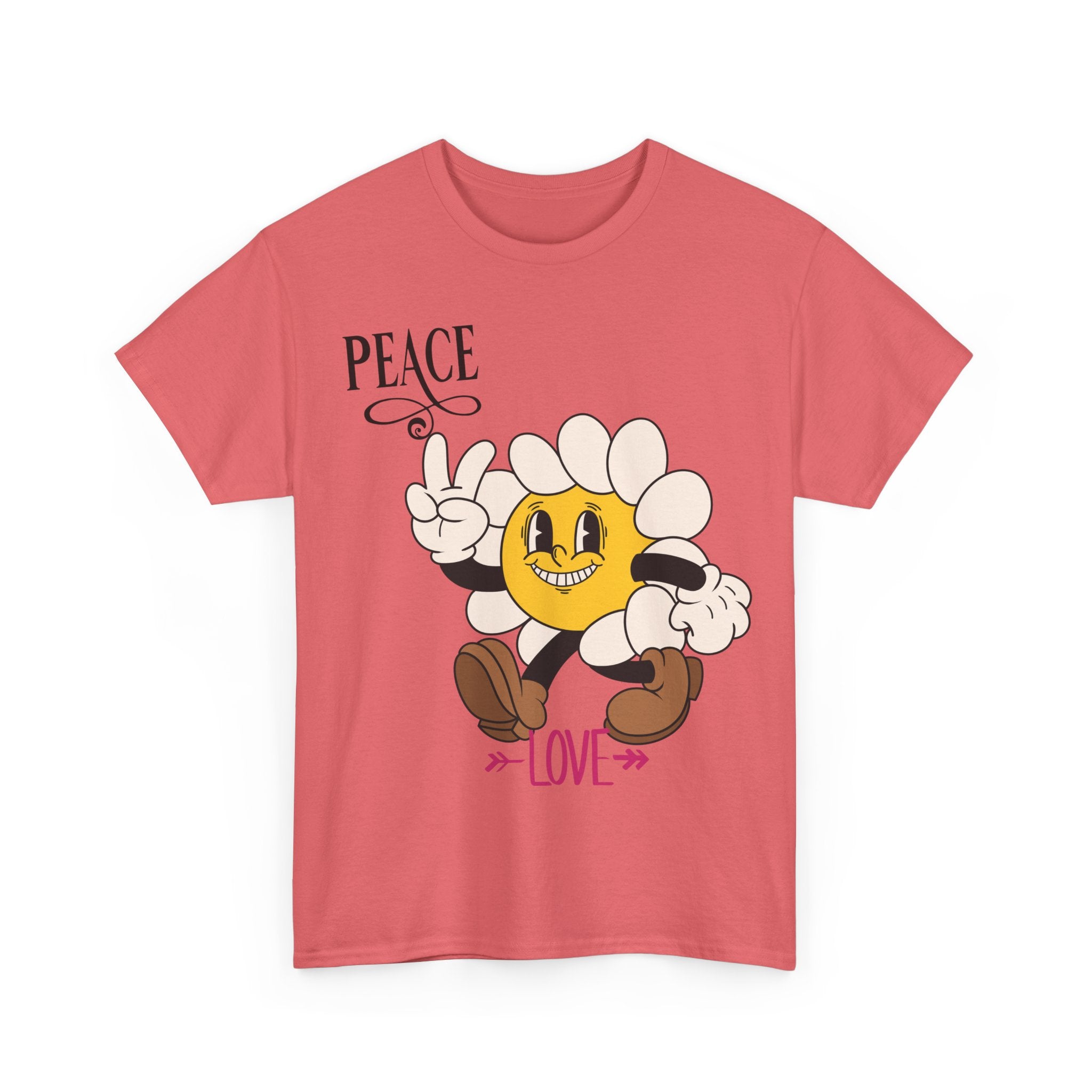 Peace & Love Daisy Character T-Shirt — Retro Smiley Flower Tee