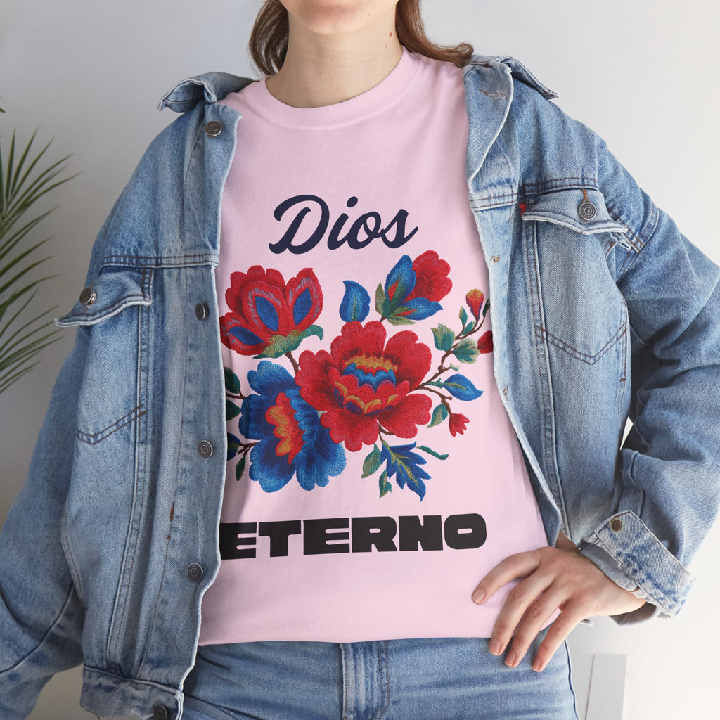 Dios Eterno Floral T-Shirt — Spanish Faith Tee with Red & Blue Blooms