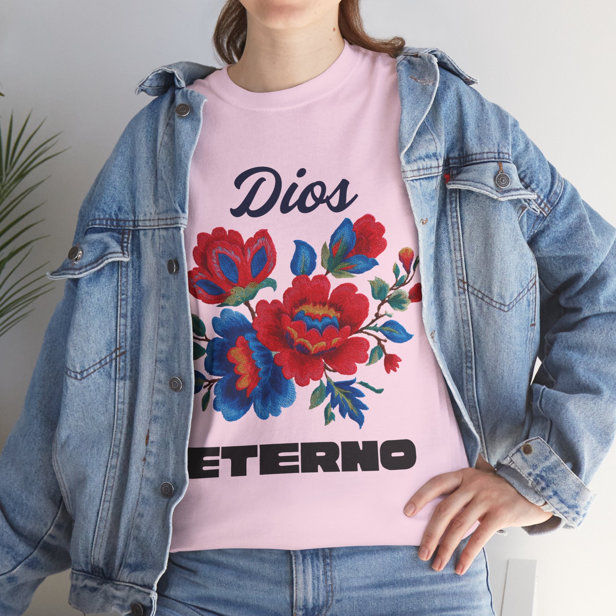 Dios Eterno Floral T-Shirt — Spanish Faith Tee with Red & Blue Blooms