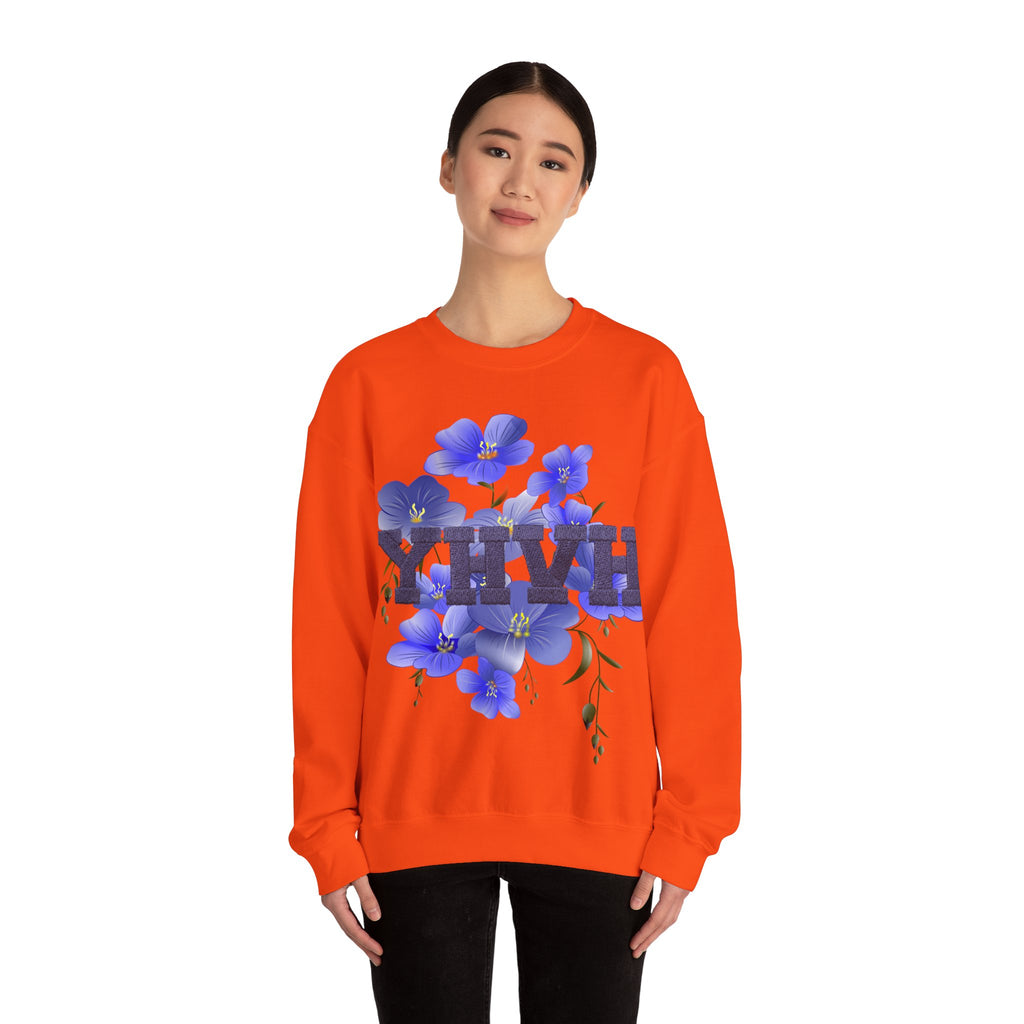 Crewneck Sweatshirt - Blue Violet Floral Graphic with 'KHVH' Lettering