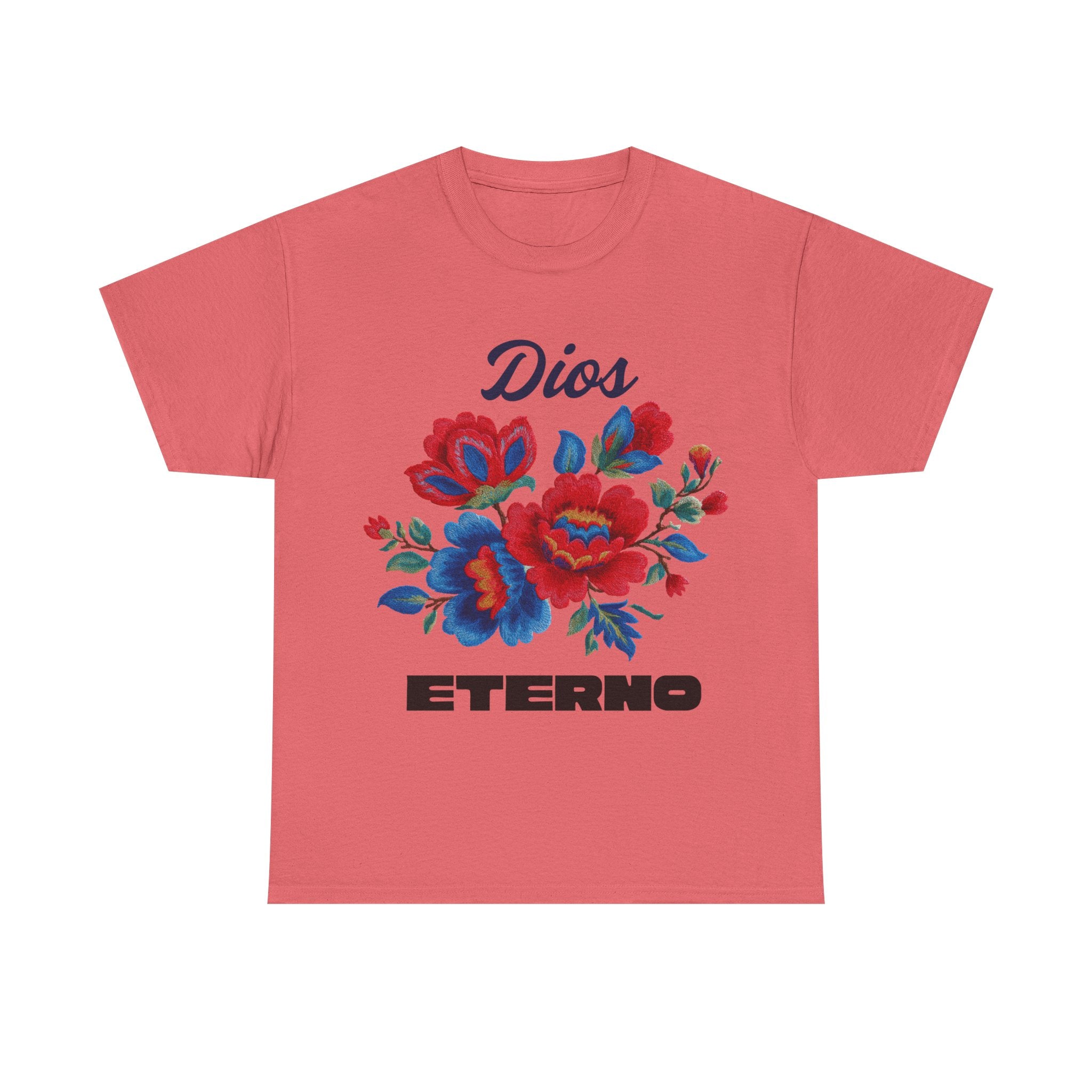 Dios Eterno Floral T-Shirt — Spanish Faith Tee with Red & Blue Blooms