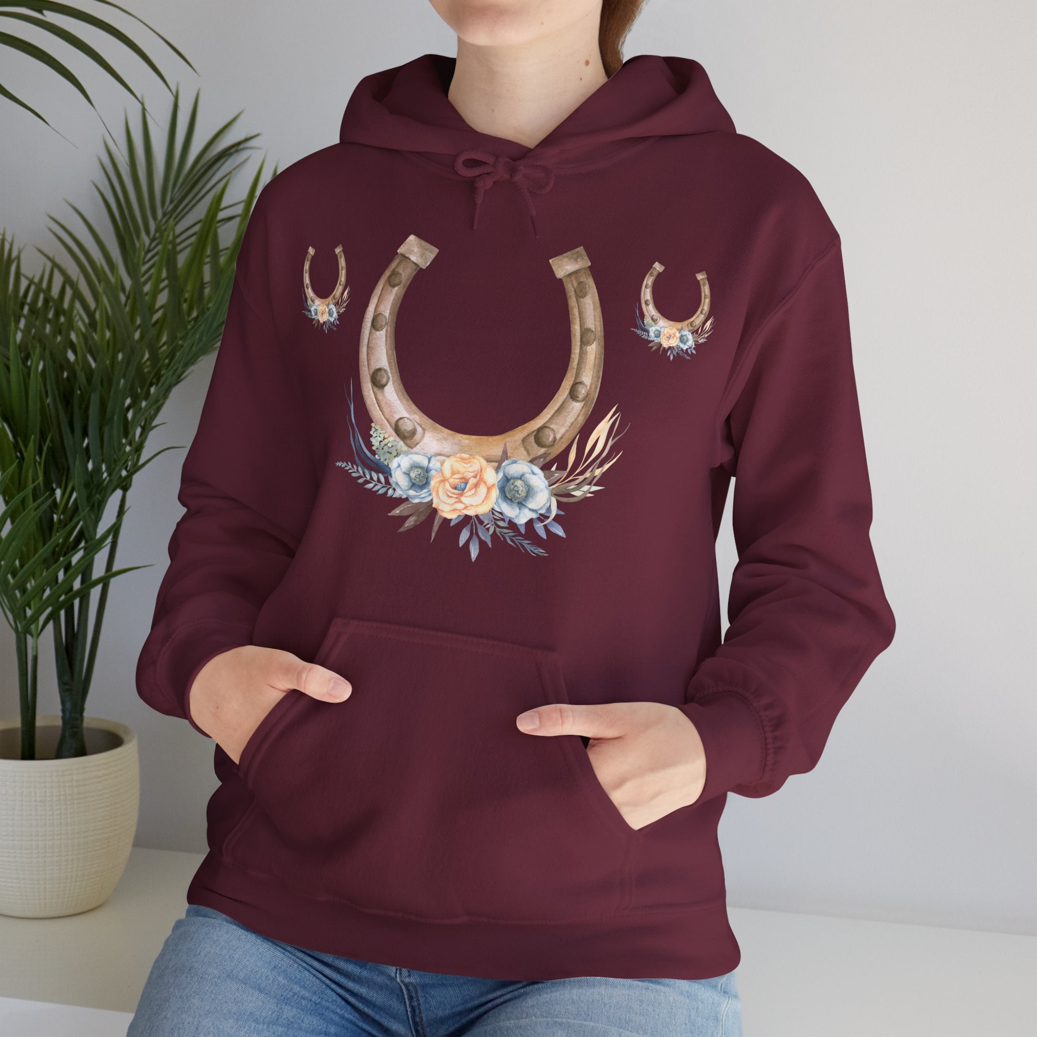 Equestrian Floral Horseshoe Hoodie, Cozy Unisex Sweatshirt, Gifts for Horse Lovers, Country Style Apparel, Birthday Gift, Festival Wear