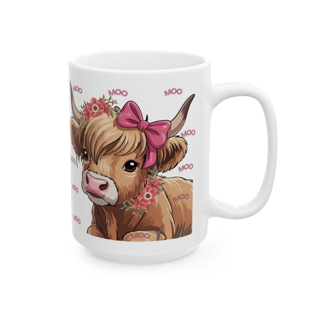 Highland Cow Ceramic Mug (11oz/15oz) — Cute Floral ‘Moo’ Cow Coffee Cup