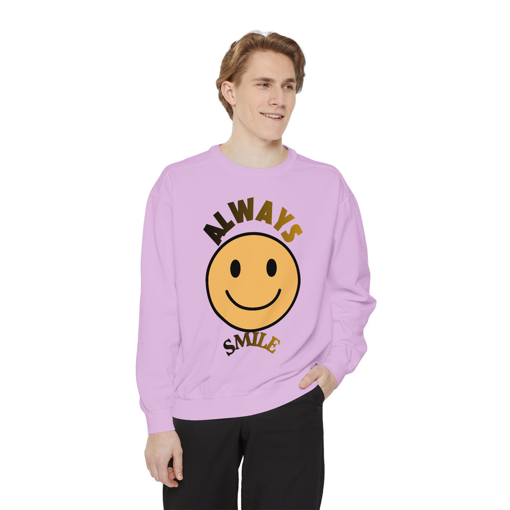 Smiley Face Sweatshirt - Always Smile, Unisex Garment-Dyed Sweatshirt, Cozy Casual Wear, Fall Layering, Gift for Friends, Cheerful Apparel