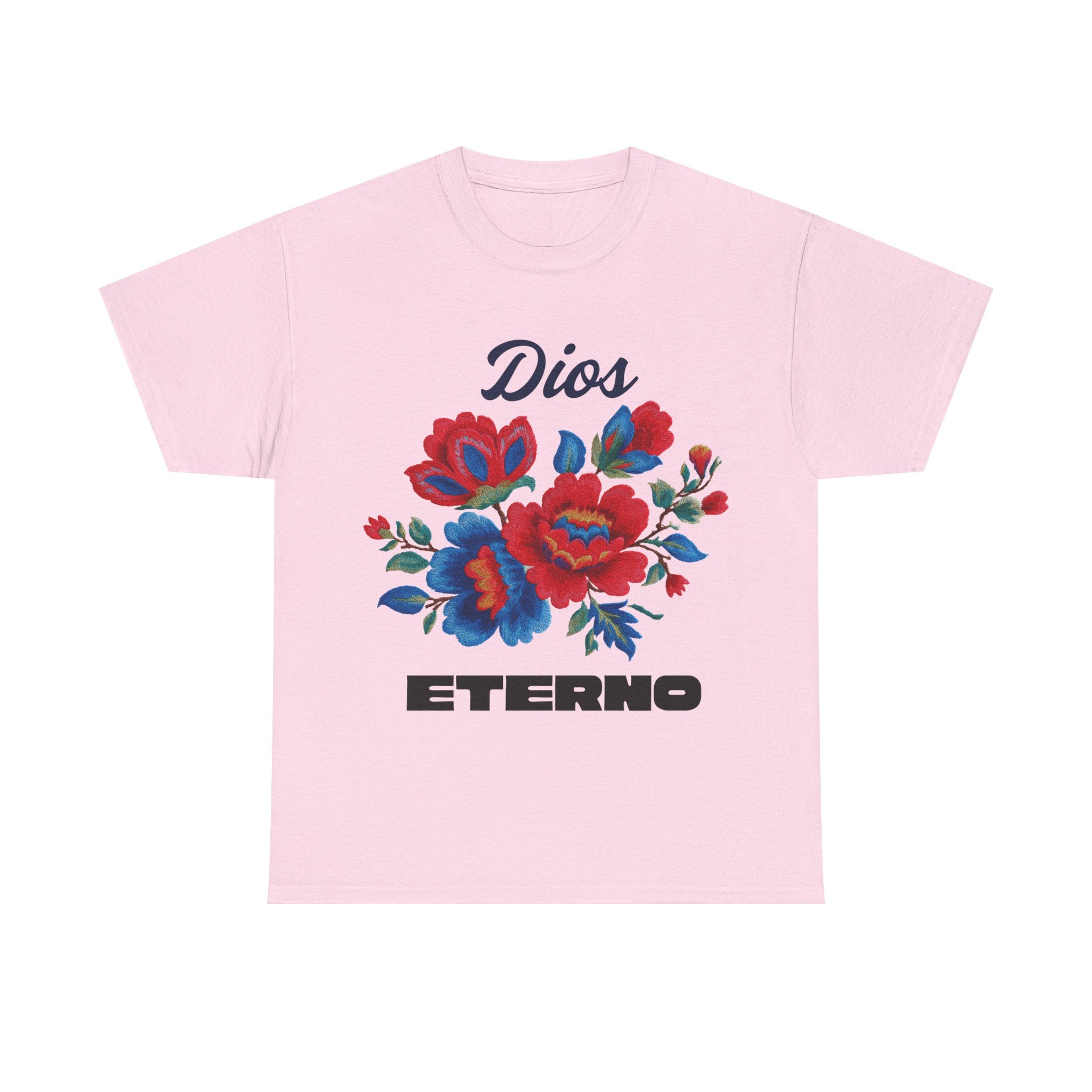 Dios Eterno Floral T-Shirt — Spanish Faith Tee with Red & Blue Blooms