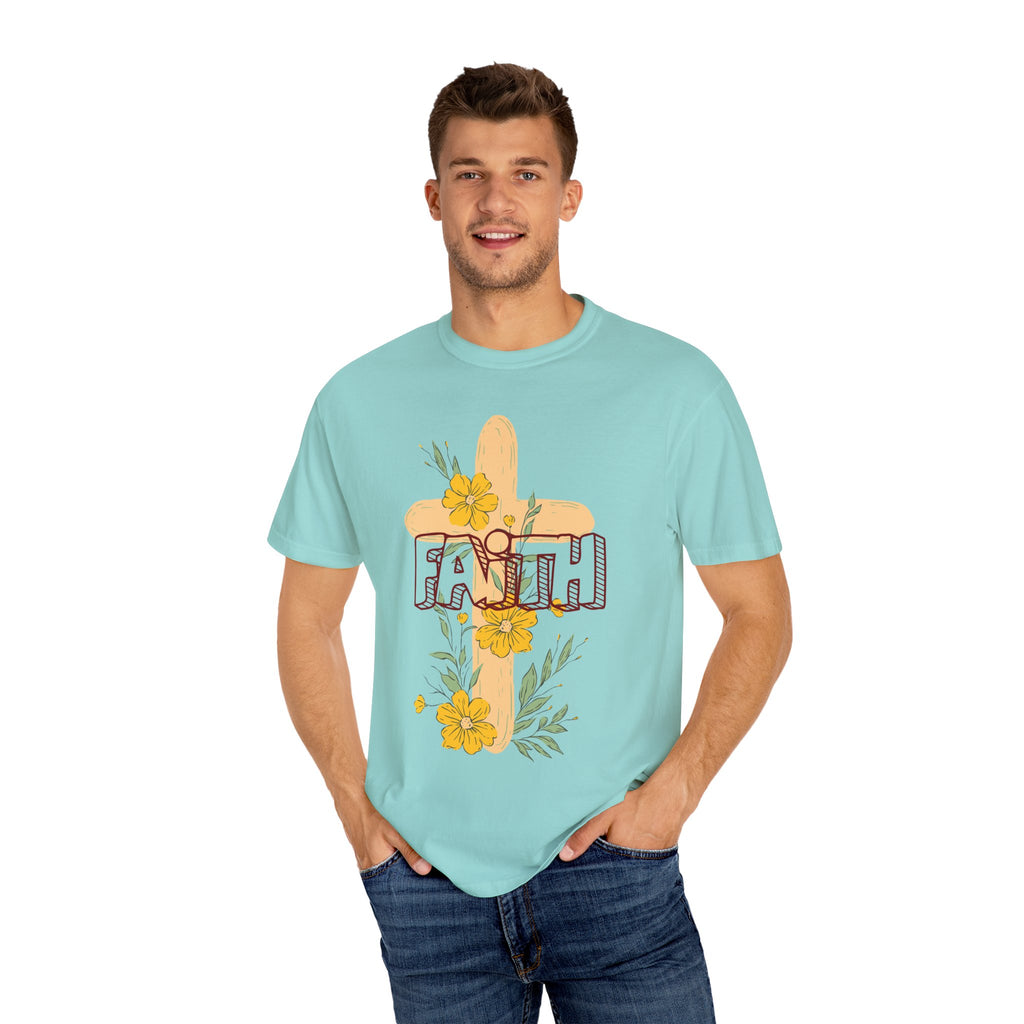 Faith Cross Floral T-Shirt — Christian Inspirational Tee with Yellow Flowers