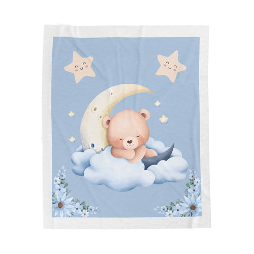 Adorable Bear and Moon Velveteen Plush Blanket, Cozy Nursery Throw, Baby Shower Gift, Kids Room Decor, Soft Bedspread