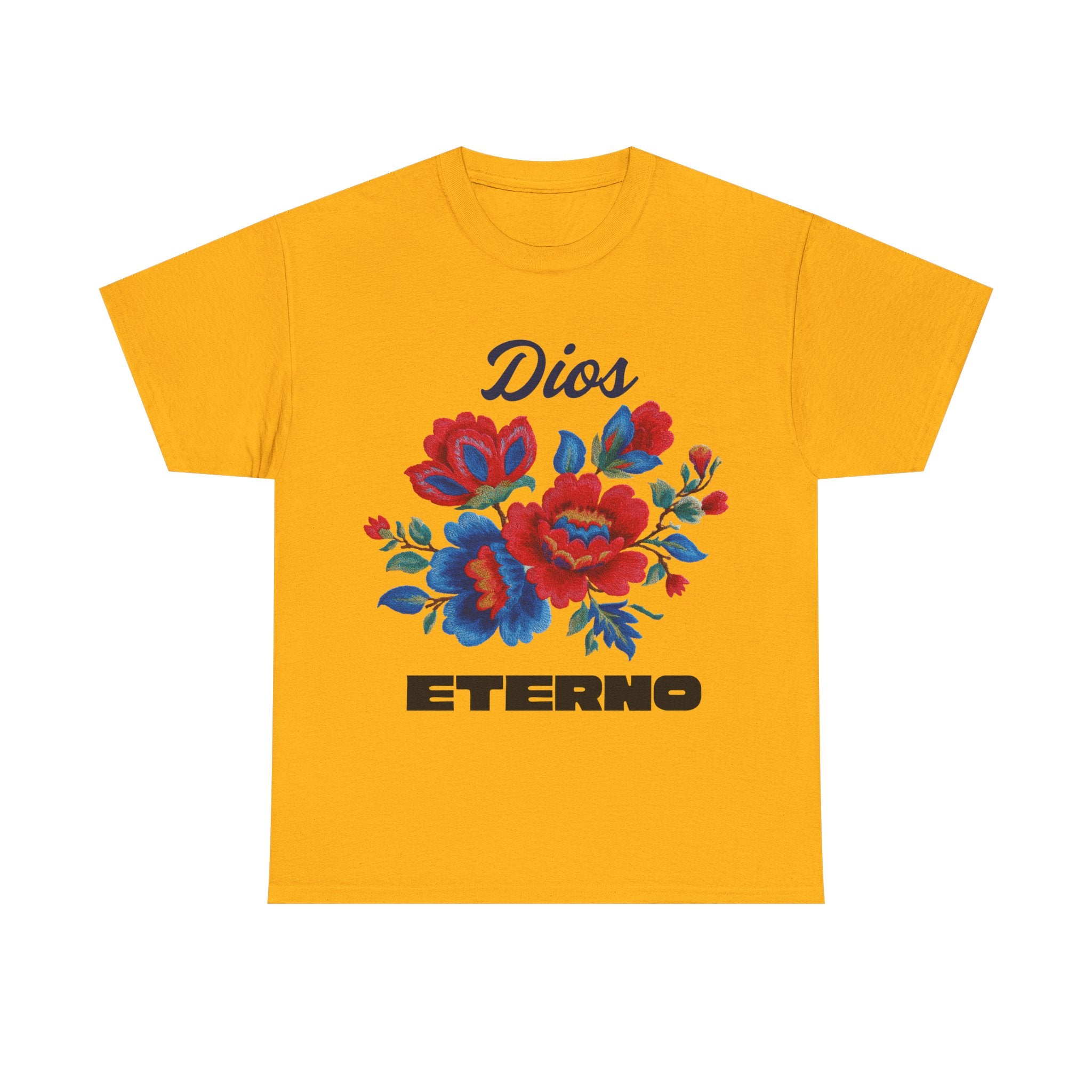 Dios Eterno Floral T-Shirt — Spanish Faith Tee with Red & Blue Blooms