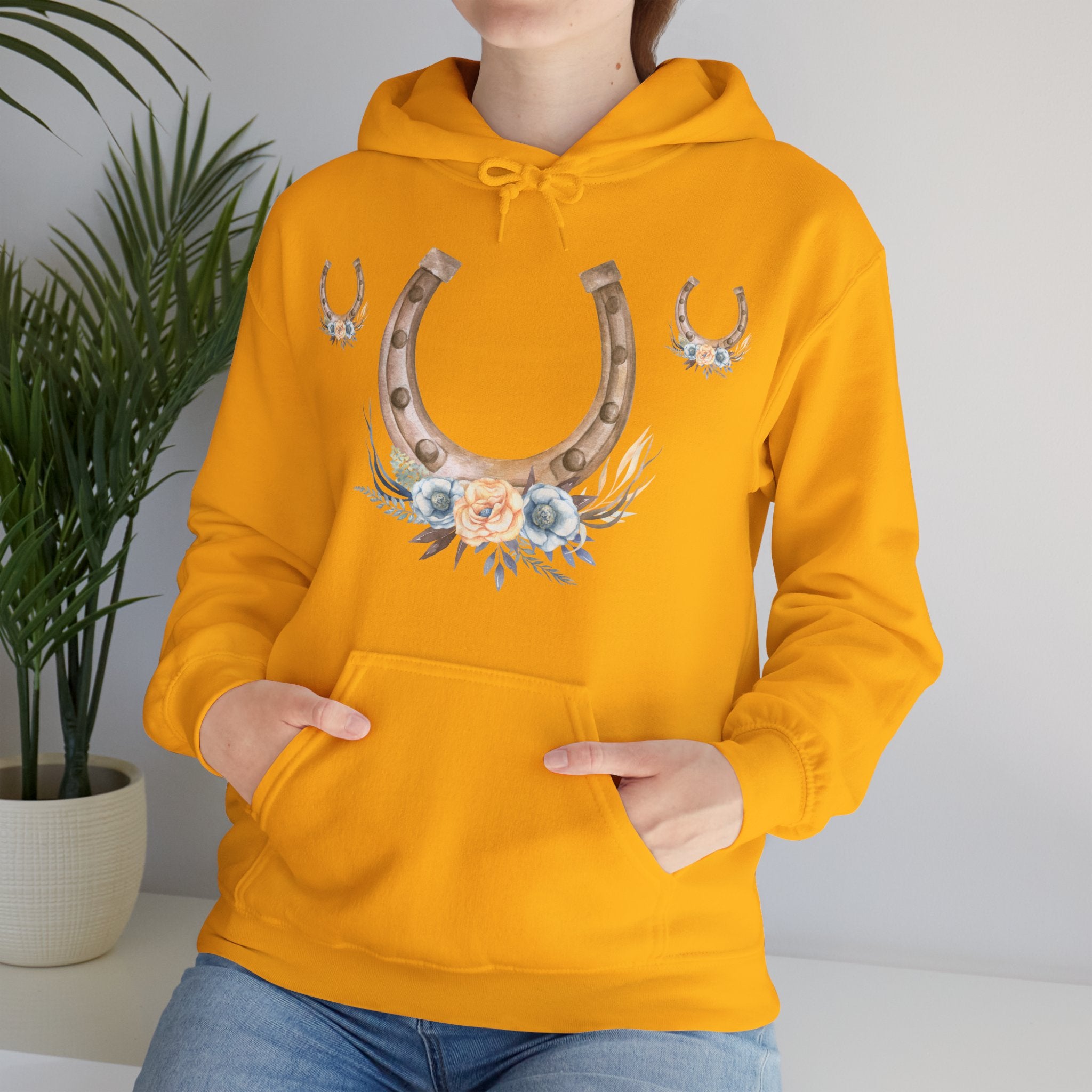 Equestrian Floral Horseshoe Hoodie, Cozy Unisex Sweatshirt, Gifts for Horse Lovers, Country Style Apparel, Birthday Gift, Festival Wear