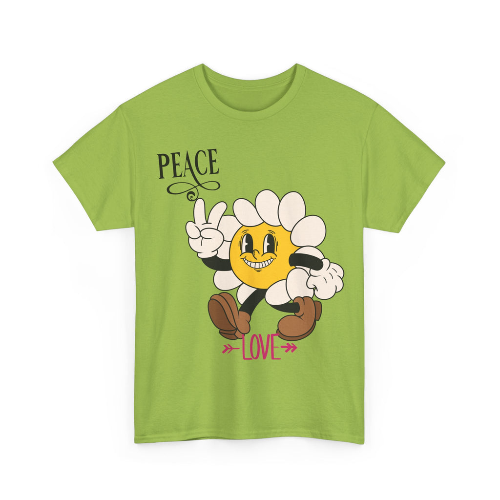 Peace & Love Daisy Character T-Shirt — Retro Smiley Flower Tee