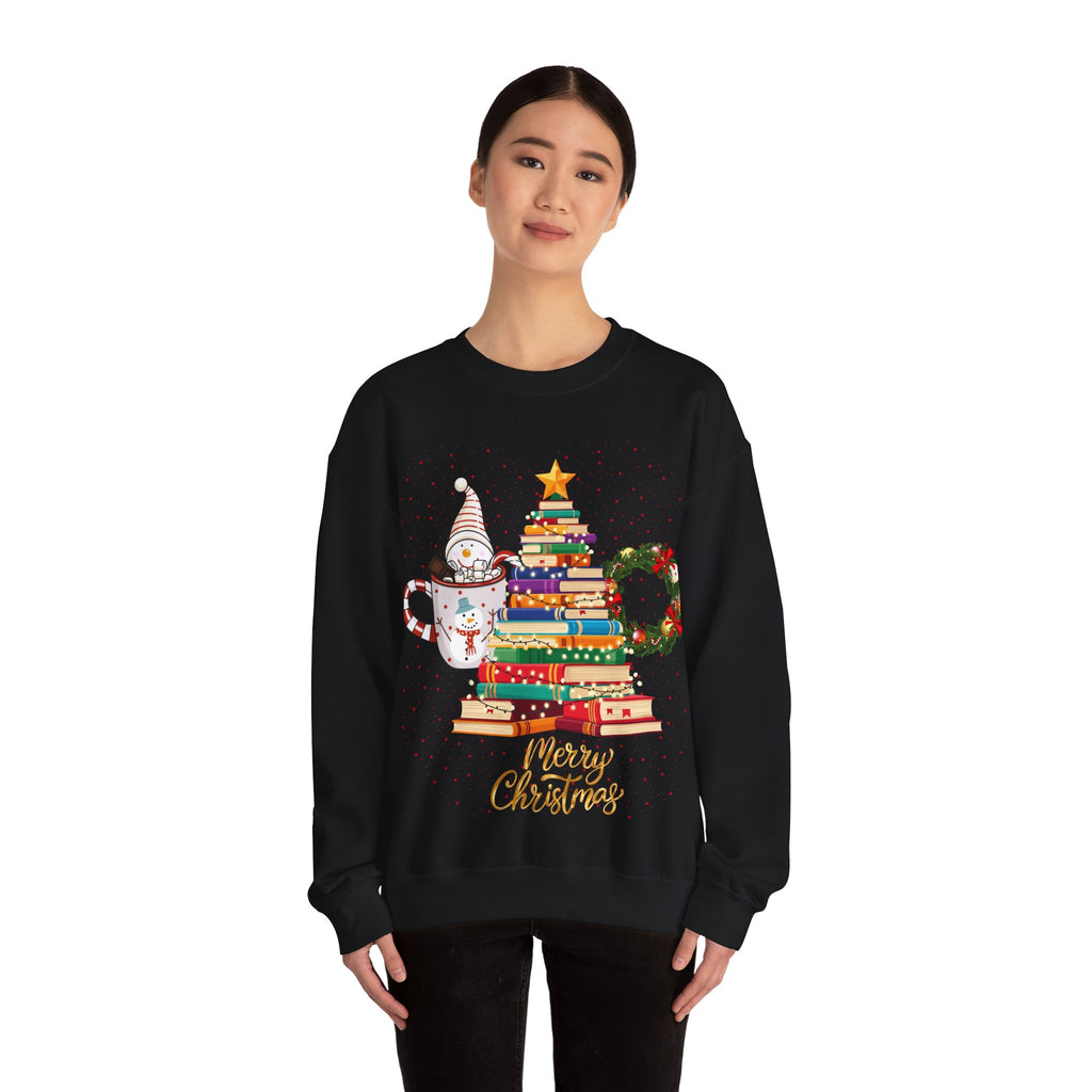 Merry Christmas Book Tree & Cat Crewneck Sweatshirt