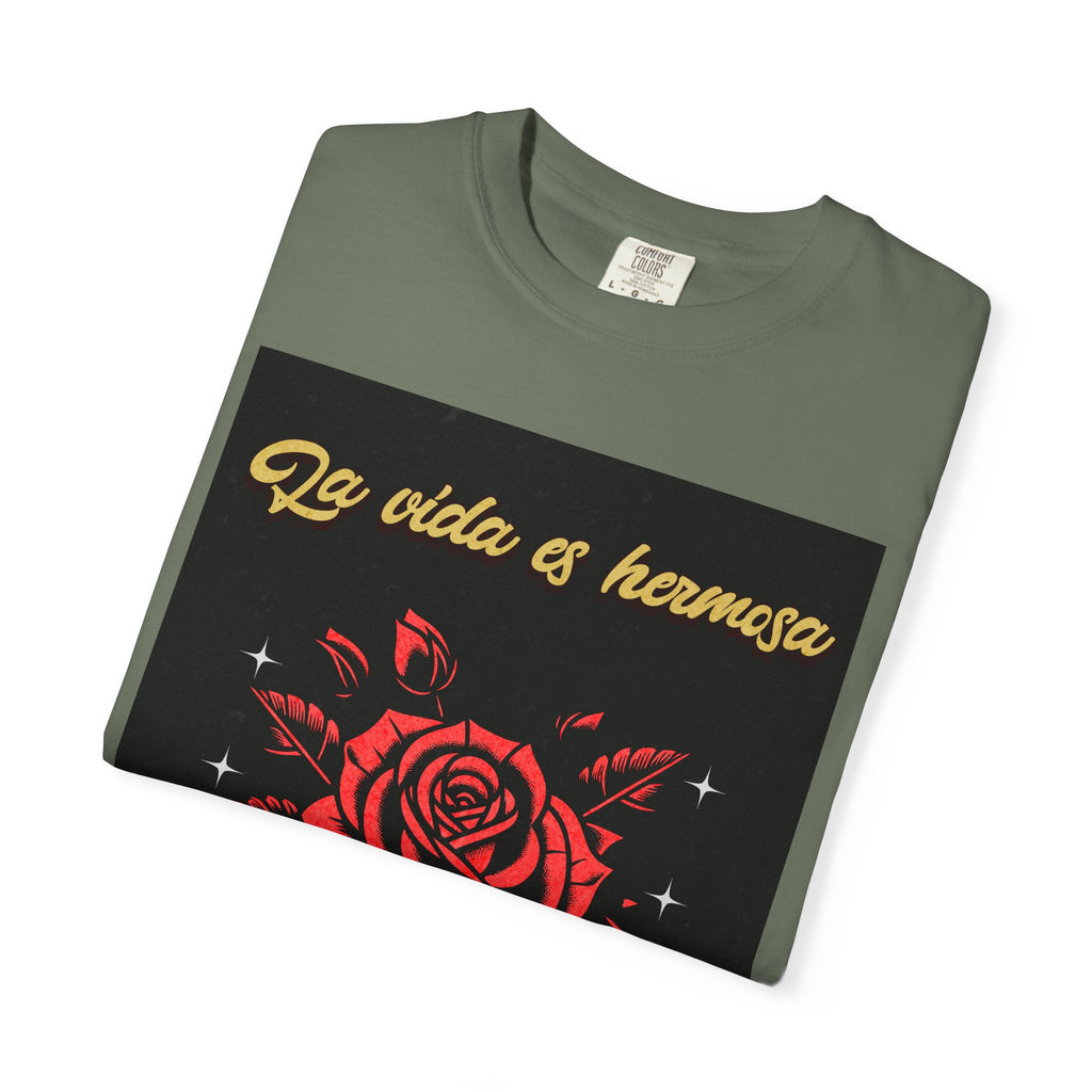 Vibrant Graphic Tee - 'La Vida es Hermosa' Rose Design, Unisex Cotton T-shirt, Gift for Friends, Positive Vibes, Casual Wear, Summer Style