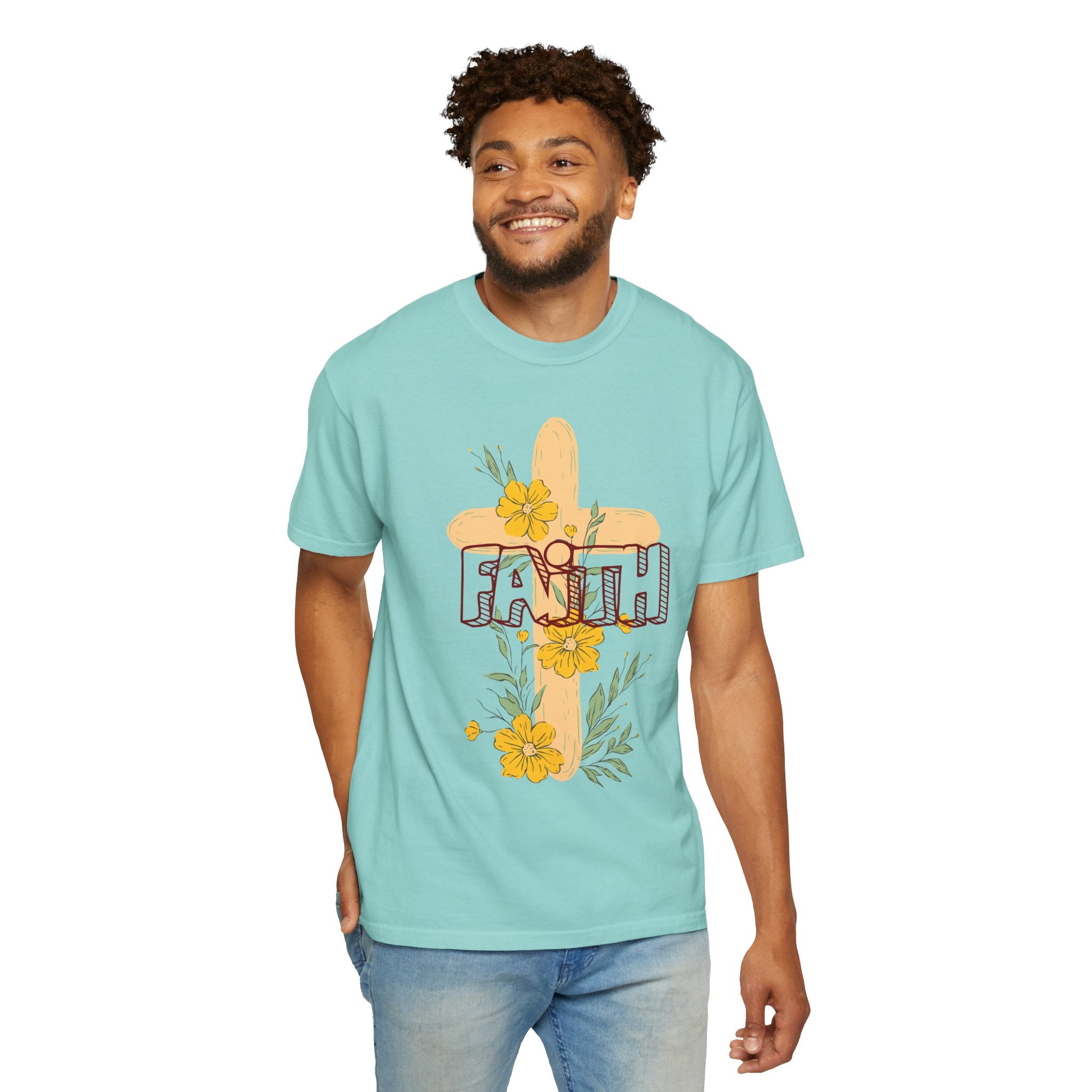 Faith Cross Floral T-Shirt — Christian Inspirational Tee with Yellow Flowers