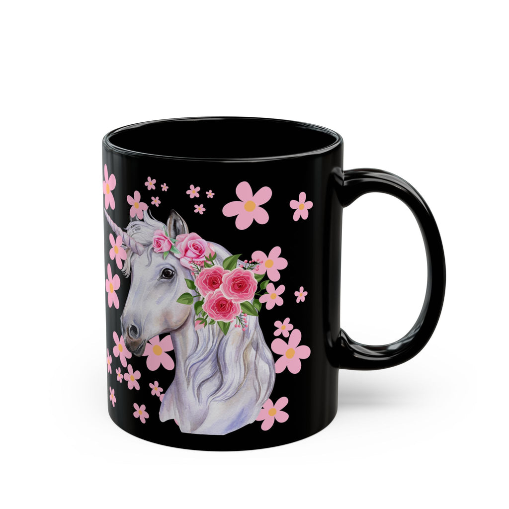 Unicorn Floral Mug — Black Ceramic Coffee Cup with Pink Flowers (11oz, 15oz)